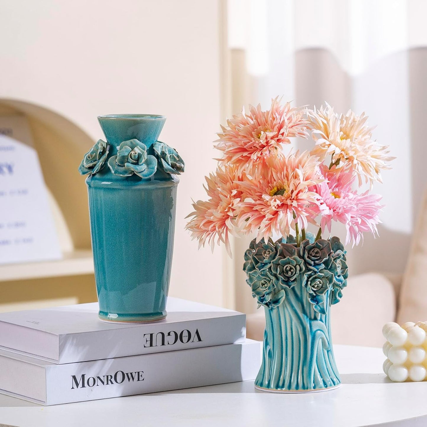 Handmade 3D Ceramic Flower Blue Bud Vase for Centerpieces, Decorative Blue Flower Vases for Wedding Reception, Home Decor, Living Room, Cottage Core Decor, Jarrones Decorativos para Sala 8.7 Inch