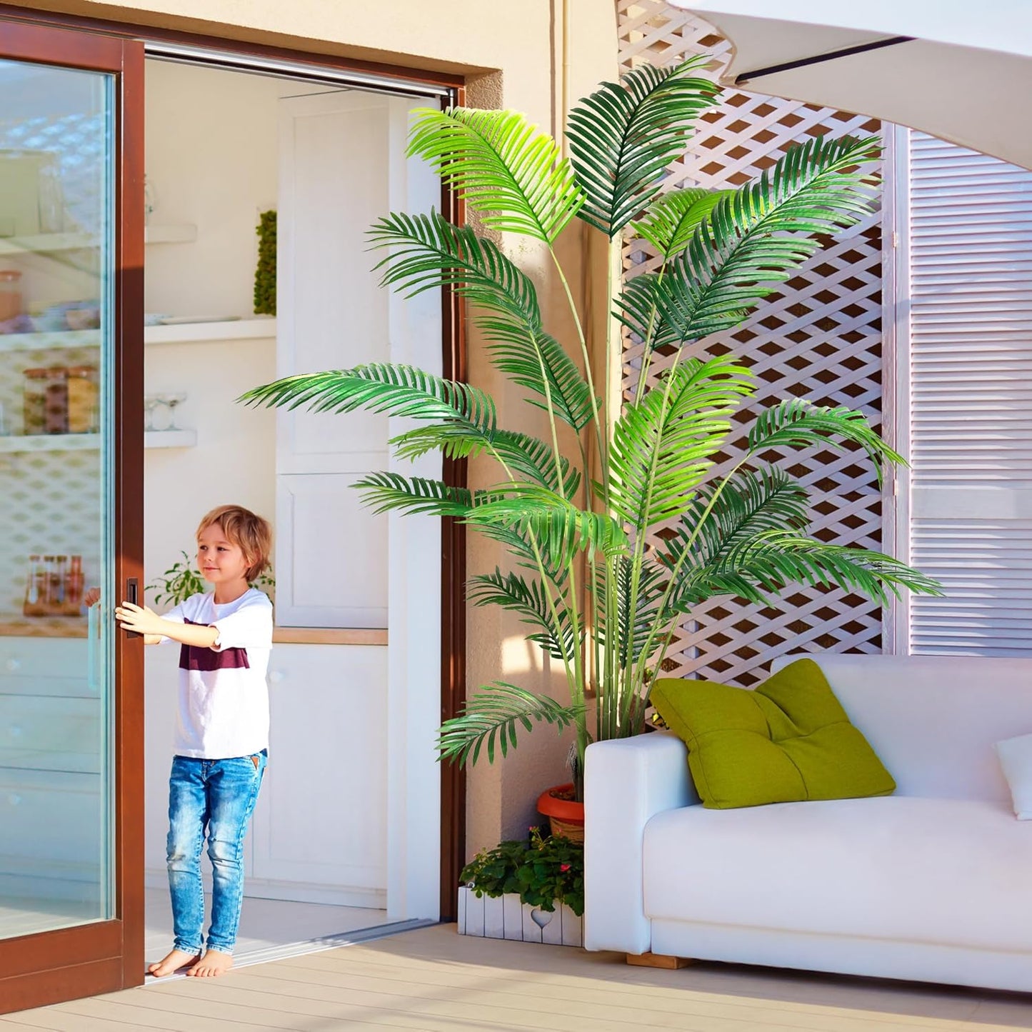 KOL 7ft 2-Pack Artificial Areca Palm Plant in Pot, Fake Tropical Cane Palm Silk Tree Indoor Outdoor, Dypsis Lutescens Plants, 82.7in Lifelike Faux Silk Plant Home Garden Decoration, Housewarming Gift