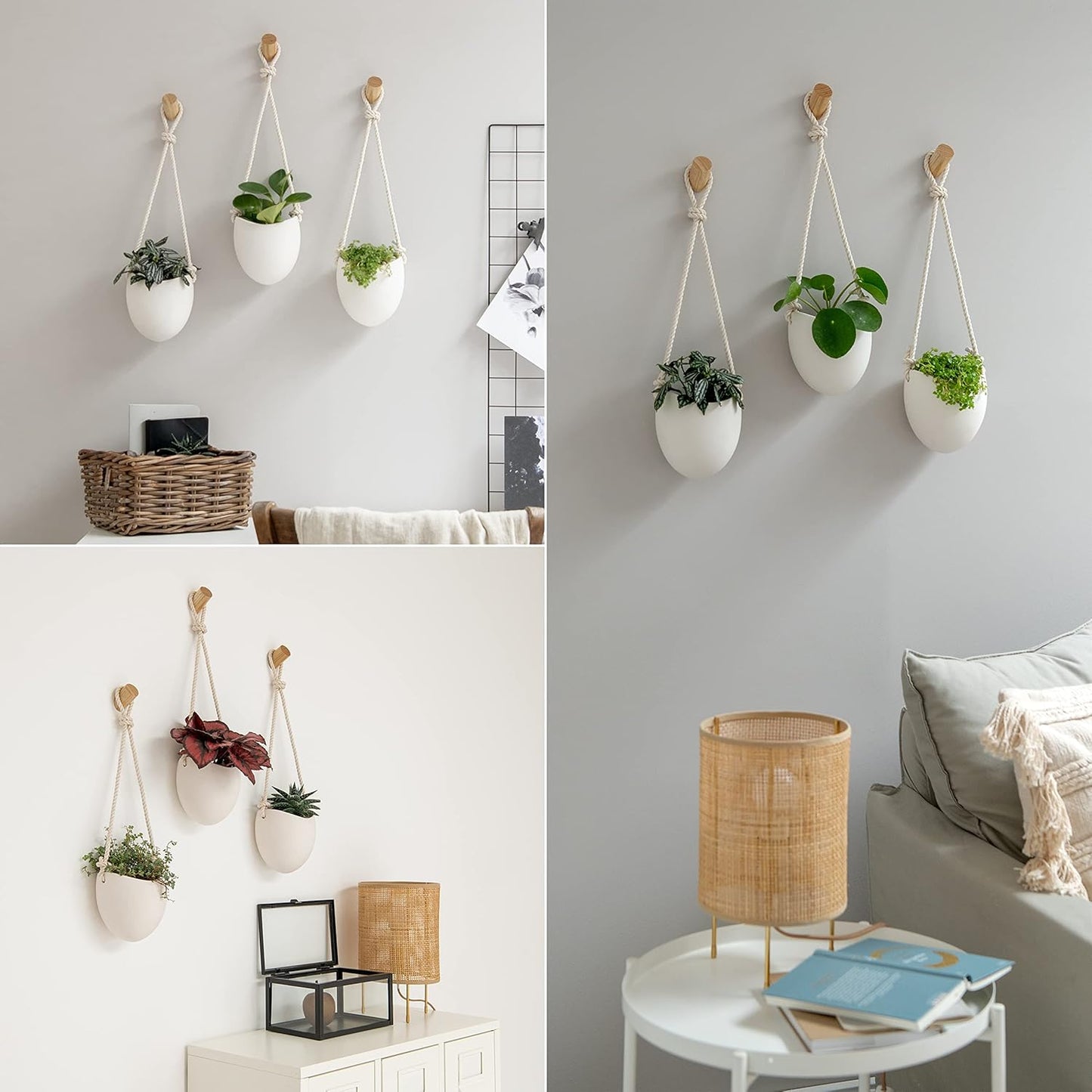 Kazai.® | Porcelain Wall Vases | 3 Piece Set | Including Wooden Hooks | Matte White