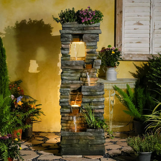 59 inches Outdoor Water Fountain Waterfall — Large Garden Rock Fountains 4-Tiered Waterfall Outdoor with Lights, Natural Stone Look Hollow Fountain for Patio Pool Porch Backyard, Stone Gray