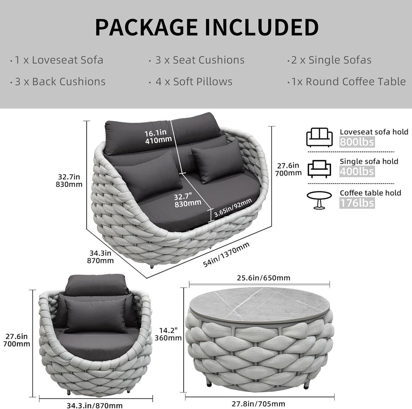 TWT Patio Furniture Set 4 Pieces Aluminum Outdoor Furniture w/27.8in Coffee Table,Patio Conversation Set with Hand Woven Polyester Rope for Backyard Garden Poolside,Gray