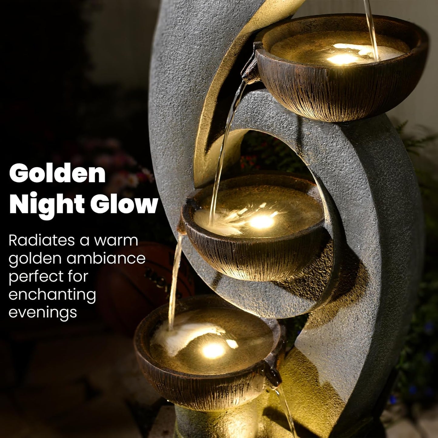 46.8''H Outdoor Water Fountains - 5-Tiered Garden Fountains Outdoor for Patio, Yard, Balcony, Porch, Modern Resin Waterfall Feature for Outside with Light, Cascading Bowl Water Feature Gray