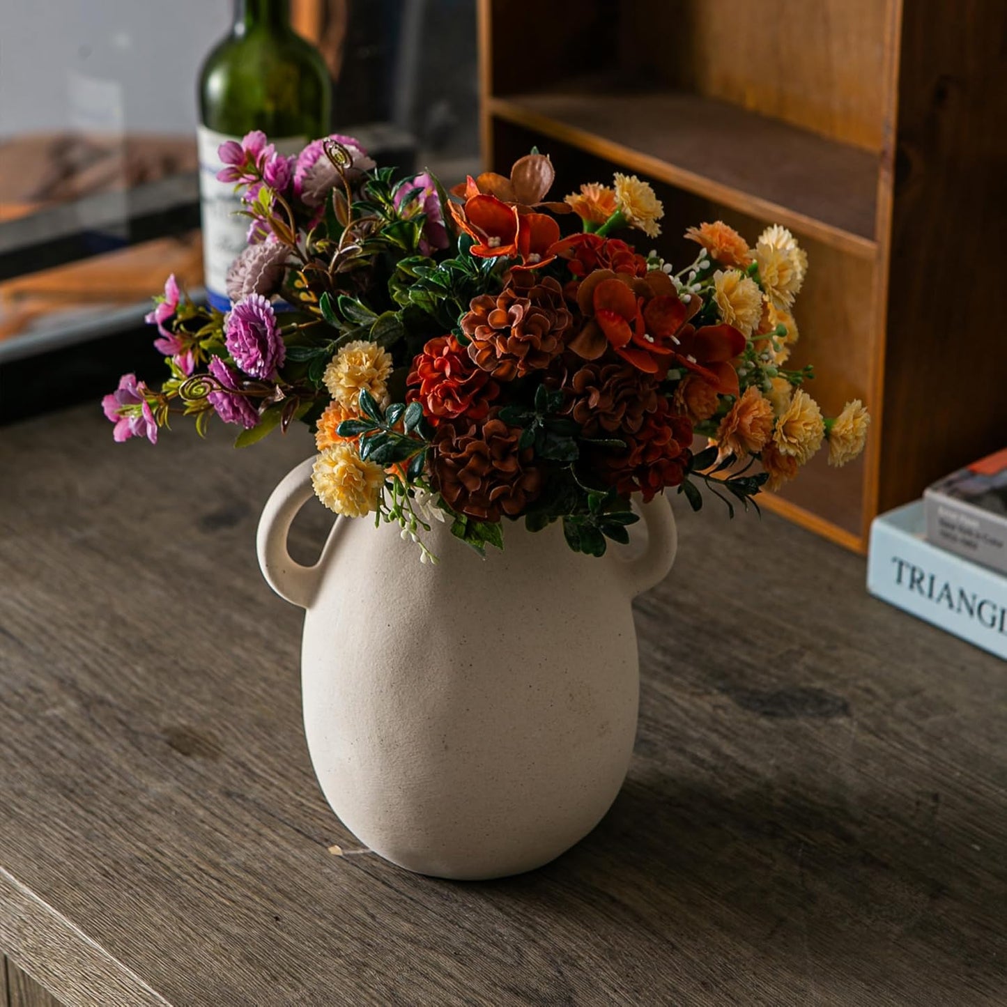 Off-White Ceramic Vase with 2 Handles, Sandstone Texture for Modern Farmhouse Decor, Rustic Pottery, Decorative Flower Vase, Clay Small Vase, Centerpiece for Dining Table - 7 Inch Tall