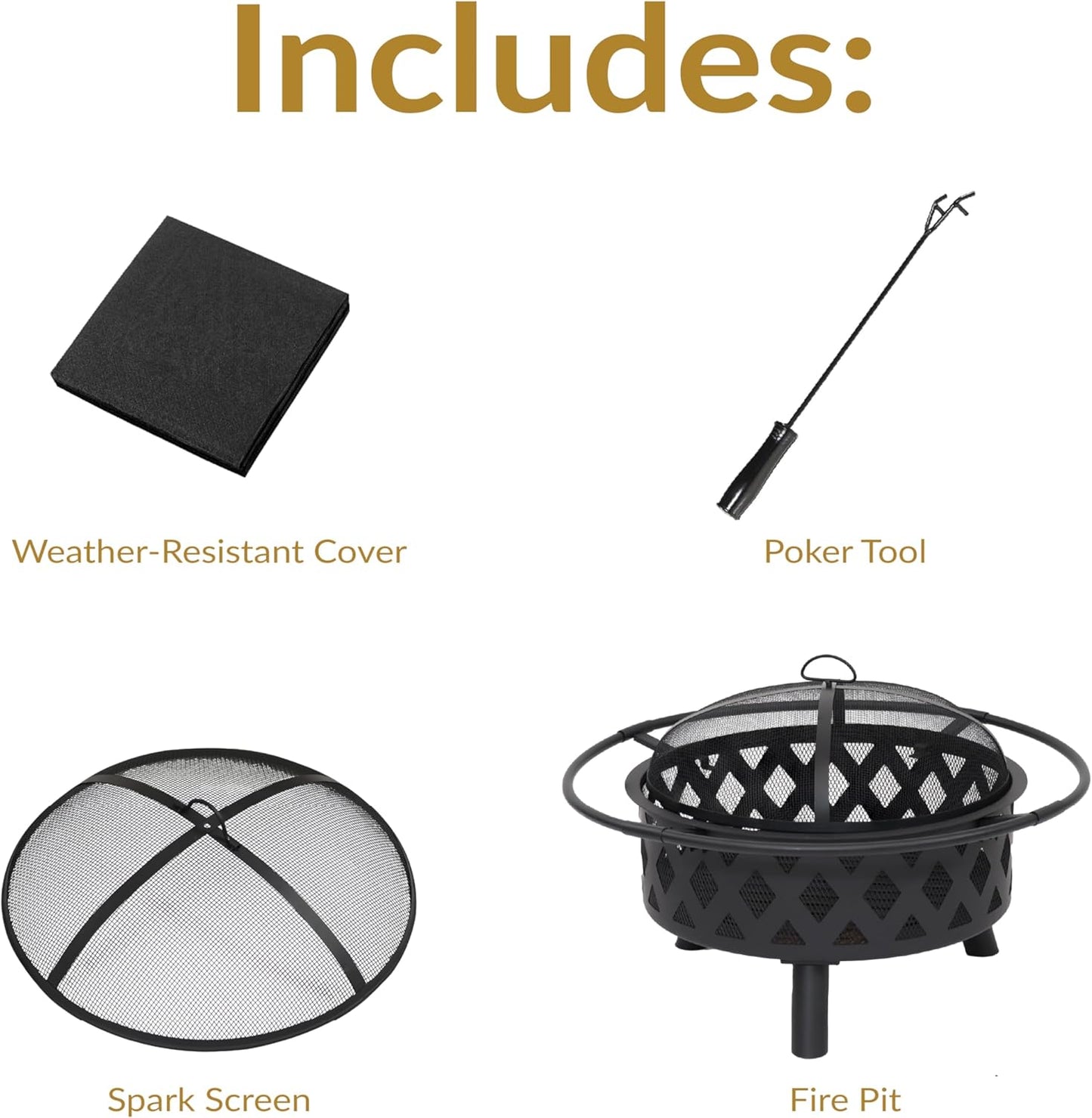 Sunnydaze Crossweave Outdoor Fire Pit - Wood-Burning Fire Pit for Outside with Spark Screen, Poker and Round Cover - 30-Inch - Black