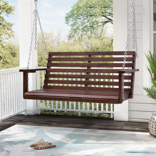 Wooden Porch Swing with Cup Holder, Outdoor Patio Swing Bench for Courtyard & Garden, Upgraded 4 FT Heavy Duty 880 LBS Porch Swing, Outdoor Swing with Hanging Chains, Brown