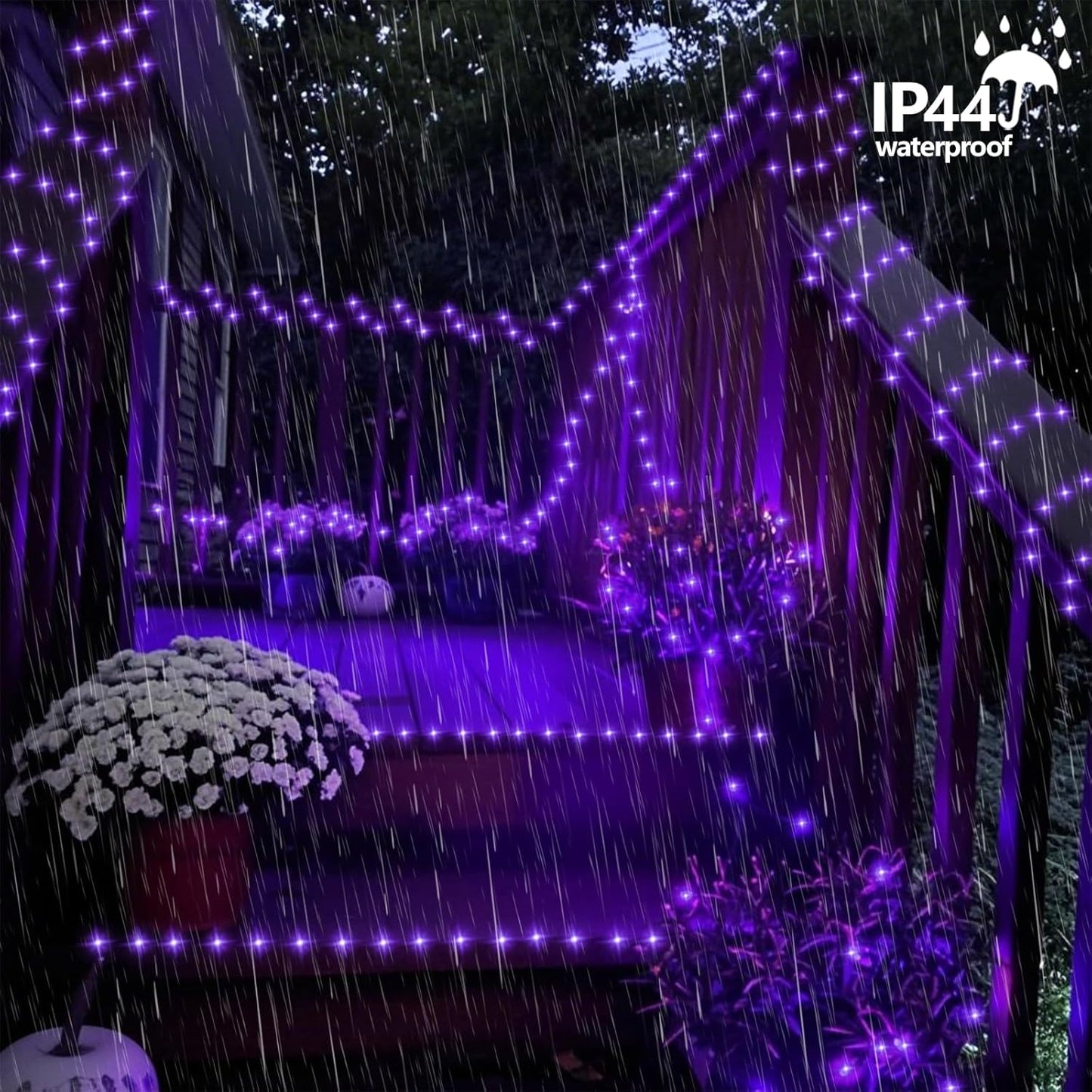 YEGUO Purple Halloween Lights Outdoor Waterproof, 4 Pack Each 33ft 100 LED Solar Fairy Lights, 8 Modes String Light for Outside