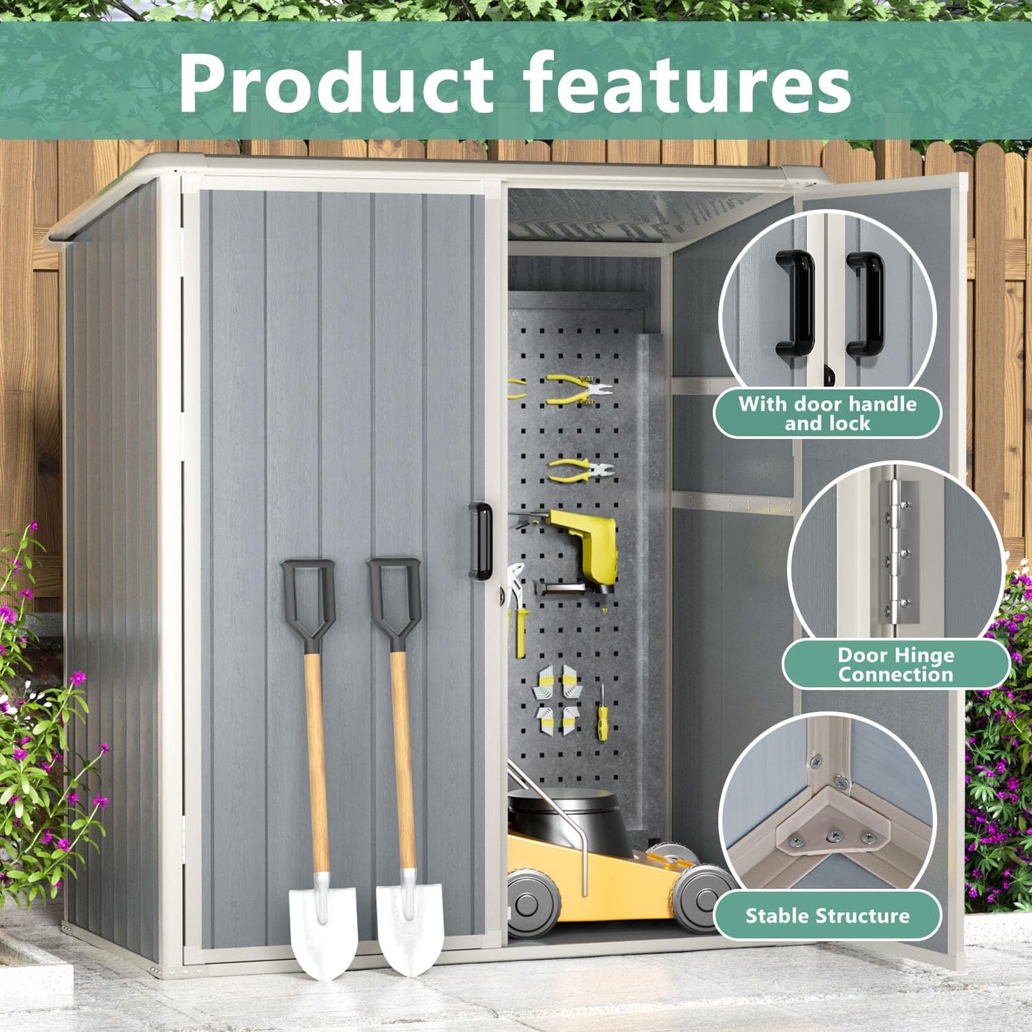 Aoxun Outdoor Storage Shed 5 x 3FT, Resin Shed with Floor and Lockable Door, Plastic Sheds for Garbage Can, Tool, Accessories, Lawn, Garden - Grey