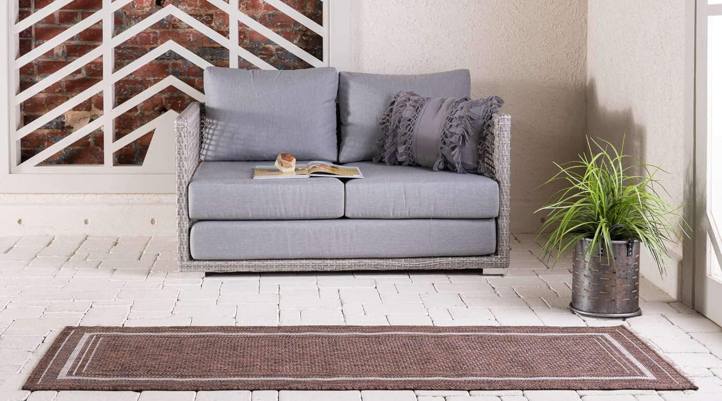 Unique Loom Outdoor Border Collection Area Rug - Soft Border (2'x 6' 1" Runner, Brown/ Ivory)