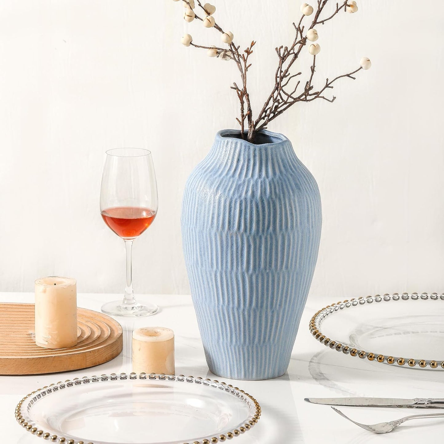 Ceramic Vase for Home Decor,11.6 Inch Flower Vases，Decorative Blue Vase for Pampas Grass，Modern Art Texture Vases for Home Entryway Living Room Dining Table Farmhouse Office Decor-Mat Blue