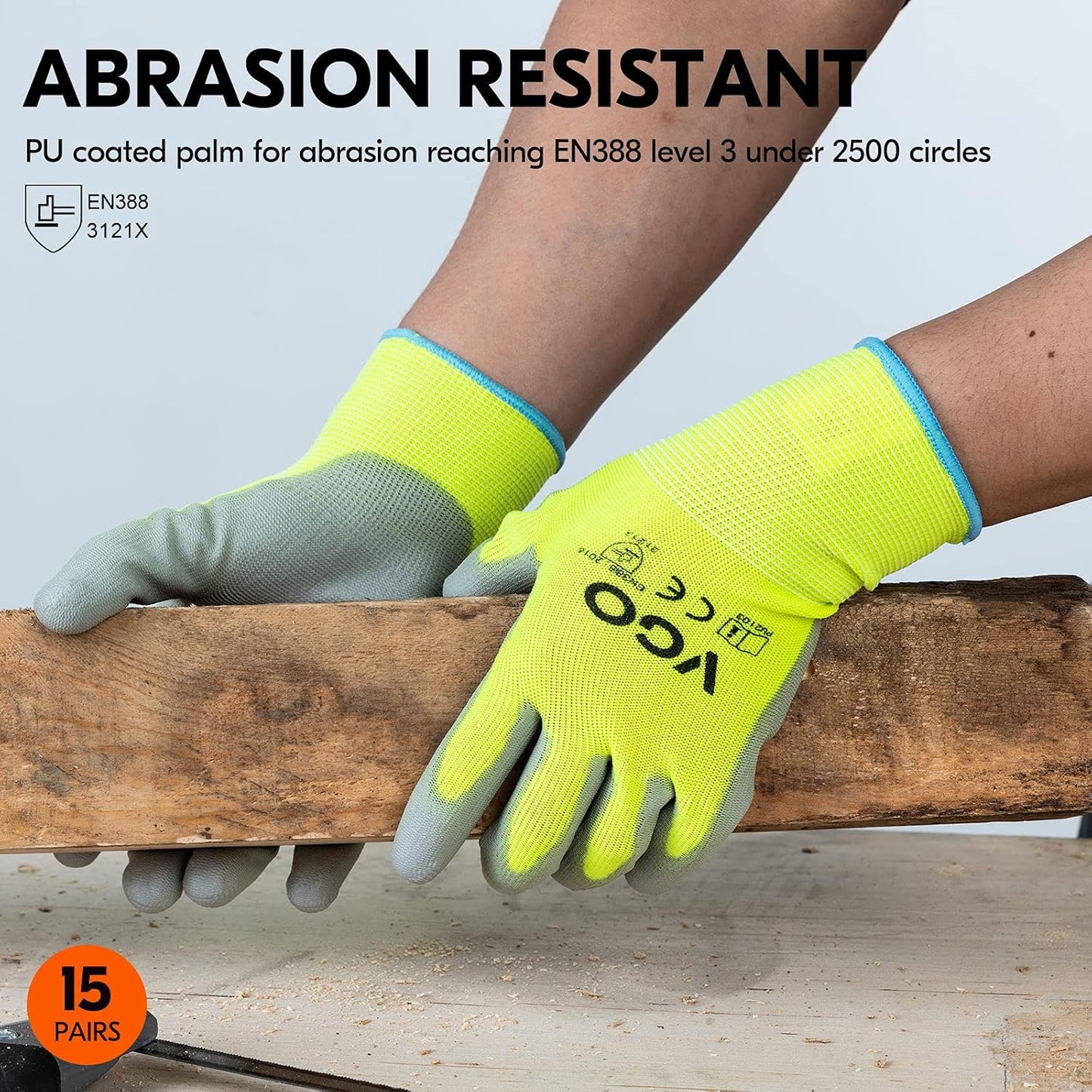 Vgo... 15-Pairs Safety Work Gloves, Gardening Gloves, Polyurethane Coated, Dipping Gloves, Latex Free (Size XL, Yellow, PU2103)