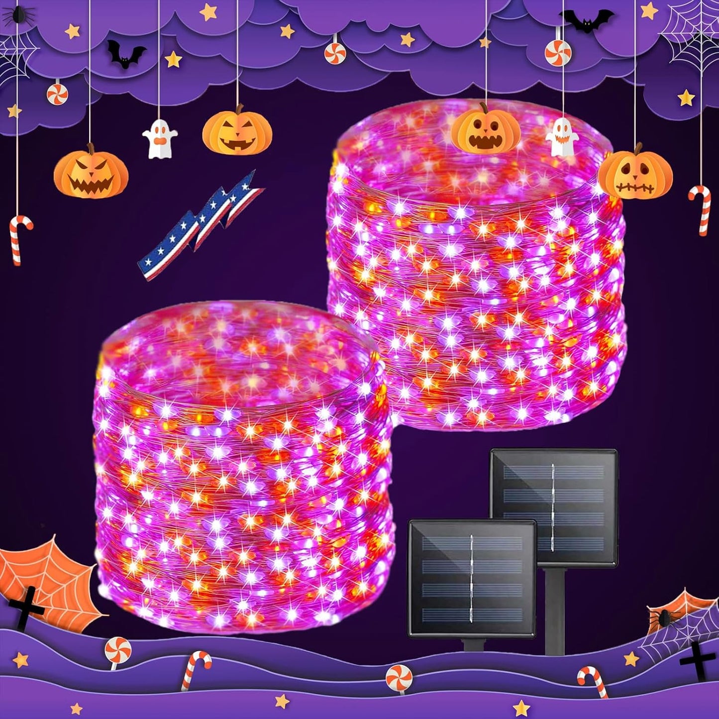 Purple and Orange Halloween Solar String Lights Outdoor, 2 Pack 80FT 200LED Solar Twinkle Lights Outside Waterproof, Copper Wire 8 Modes Lights for Halloween Decoration Outdoor