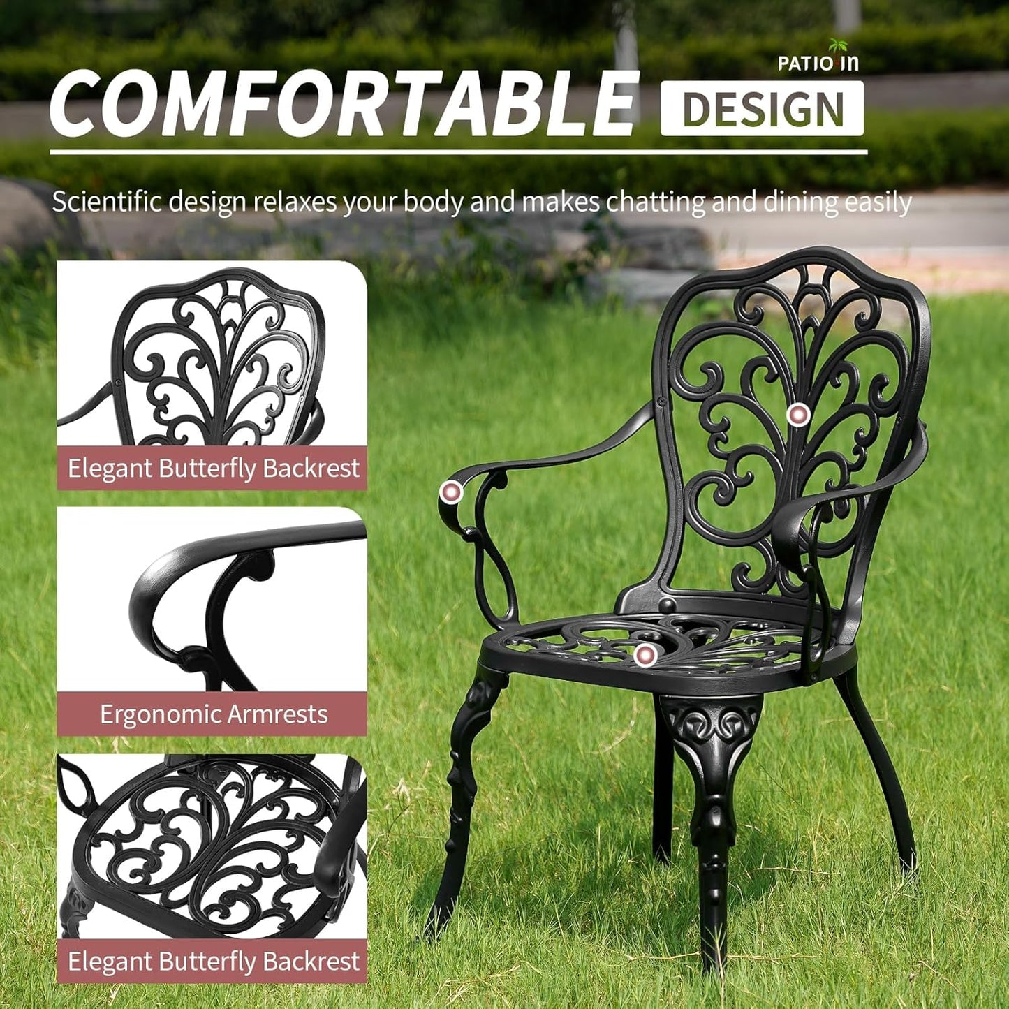 3 Piece Outdoor Bistro Set, Rustproof Outdoor Patio Furniture, Cast Aluminum Bistro Table Set with Umbrella Hole for Backyard, Balcony, Front Porch, Lawn, Pool (Black)