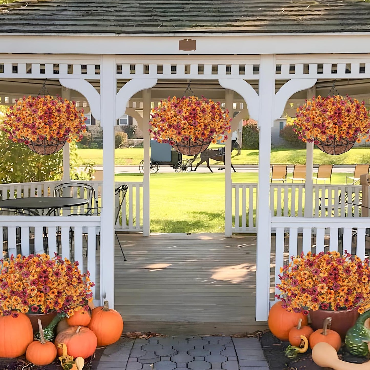 2Pack Fall Artfiticial Hanging Flowers Baskets for Outdoors, UV Resistant Fake Fall Hanging Plants, Faux Orange Flowers for Autumn Home Patio Front Porch Balcony Decor (Yellow Red)