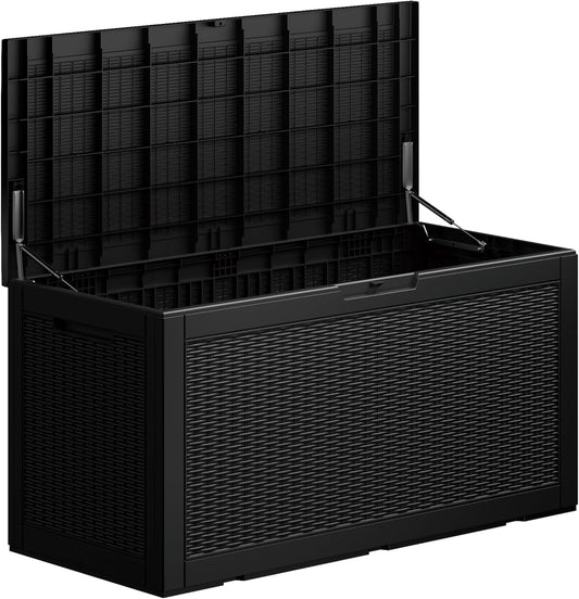100GAL Black Wicker - Textured Outdoor Deck Box with Lockable – Waterproof, SGS - Verified UV Resistance, Stylish Storage for Patio Furniture & Outdoor Toys, Quick Assembly