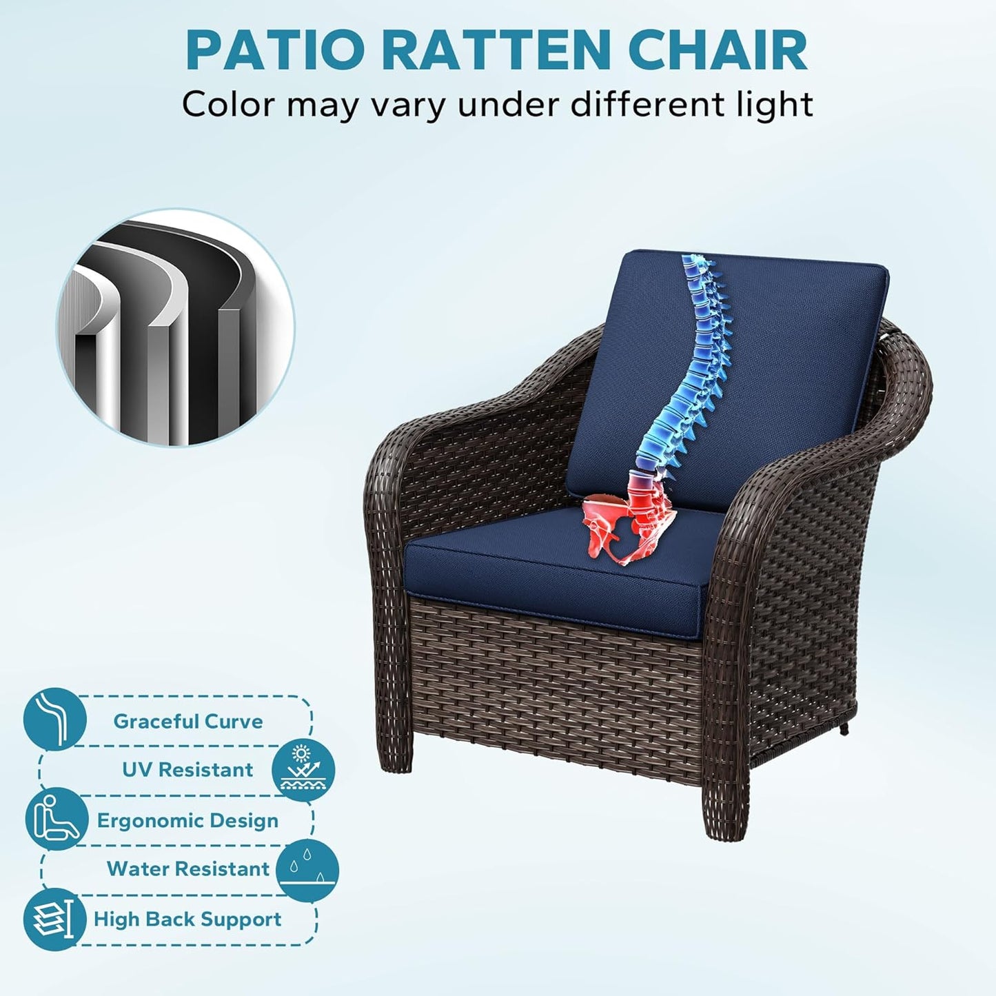 Patio PE Rattan Chairs Set of 2 with Cat Nest End Table, All-Weather & Steel Frame Outdoor Conversation Furniture Set with Washable Cushions for Garden, Bistro, Deck, Yard (Navy Blue)