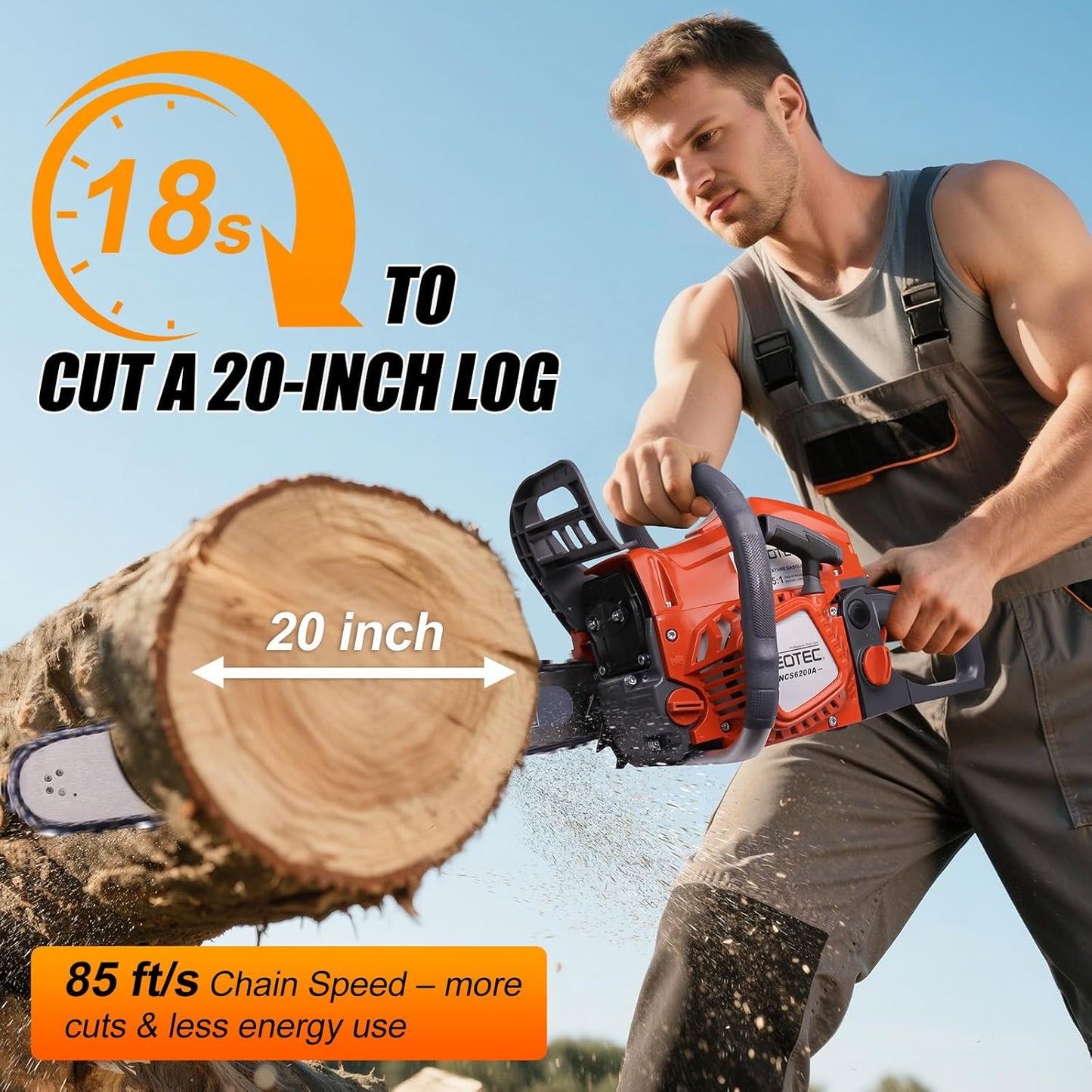 62CC 2-Cycle Gas Powered Chainsaw, 20 Inch Handheld Cordless Petrol Gas Chainsaw for Backyard Storm Cleanup Tree Wood Firewood Cutting