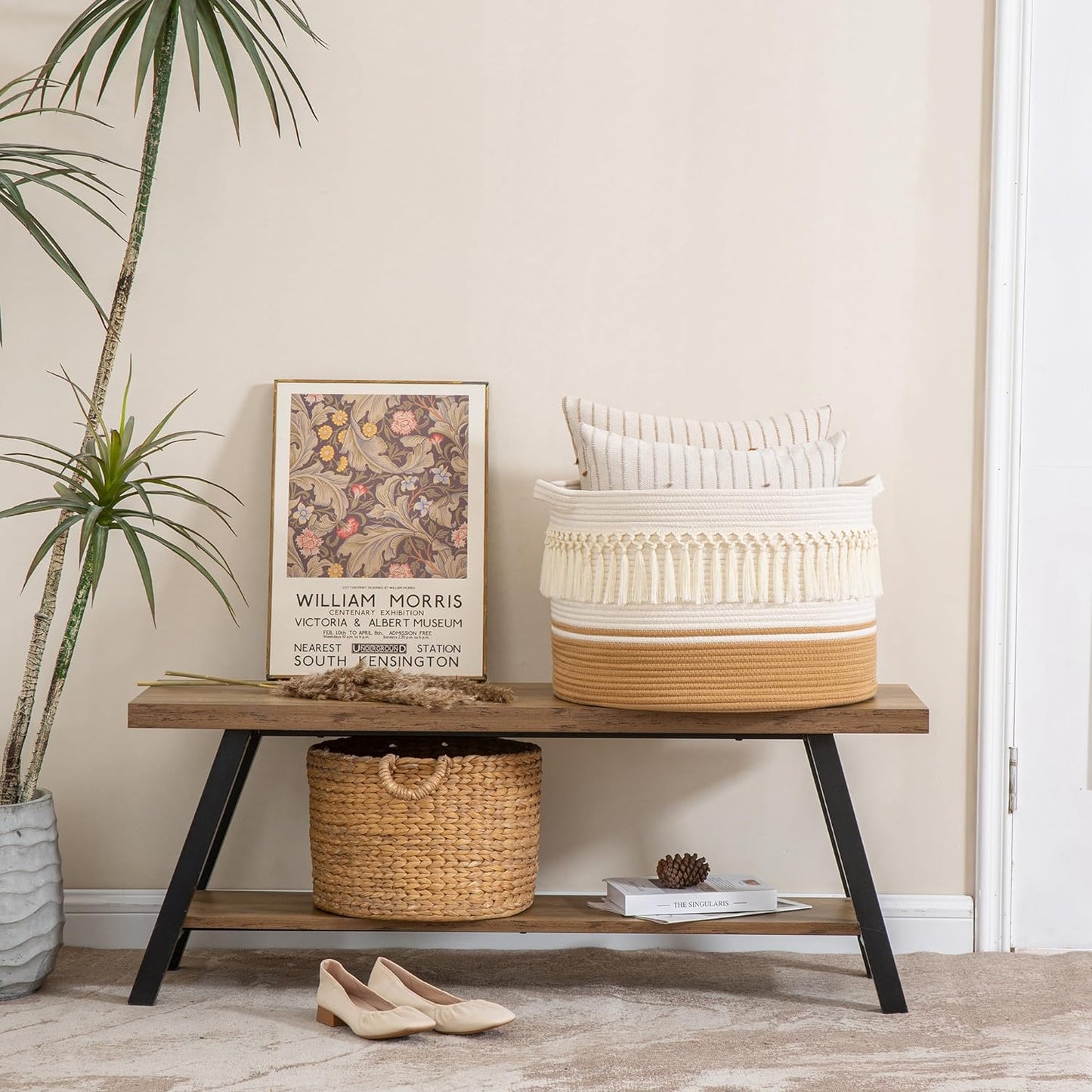 KAKAMAY Large Blanket Basket (20"x13"),Woven Baskets for storage Baby Laundry Hamper, Cotton Rope Blanket Basket for Living Room, Laundry, Nursery, Pillows, Baby Toy chest (White Fringe)