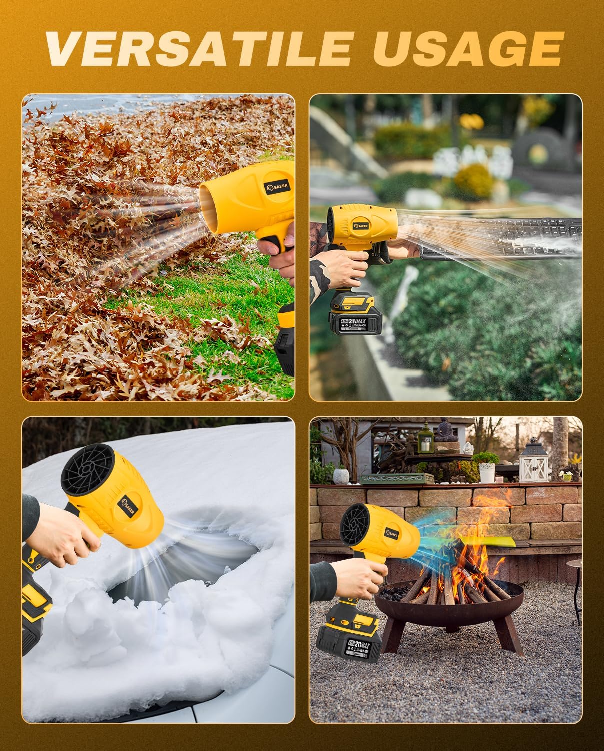 Saker Handheld Cordless Leaf Blower Portable Dust Cleaner 180000 RPM Compressed Air Duster with Adjustable Speed for Drying Patio Cleaning Camping 2 x 4.0Ah Battery Yellow