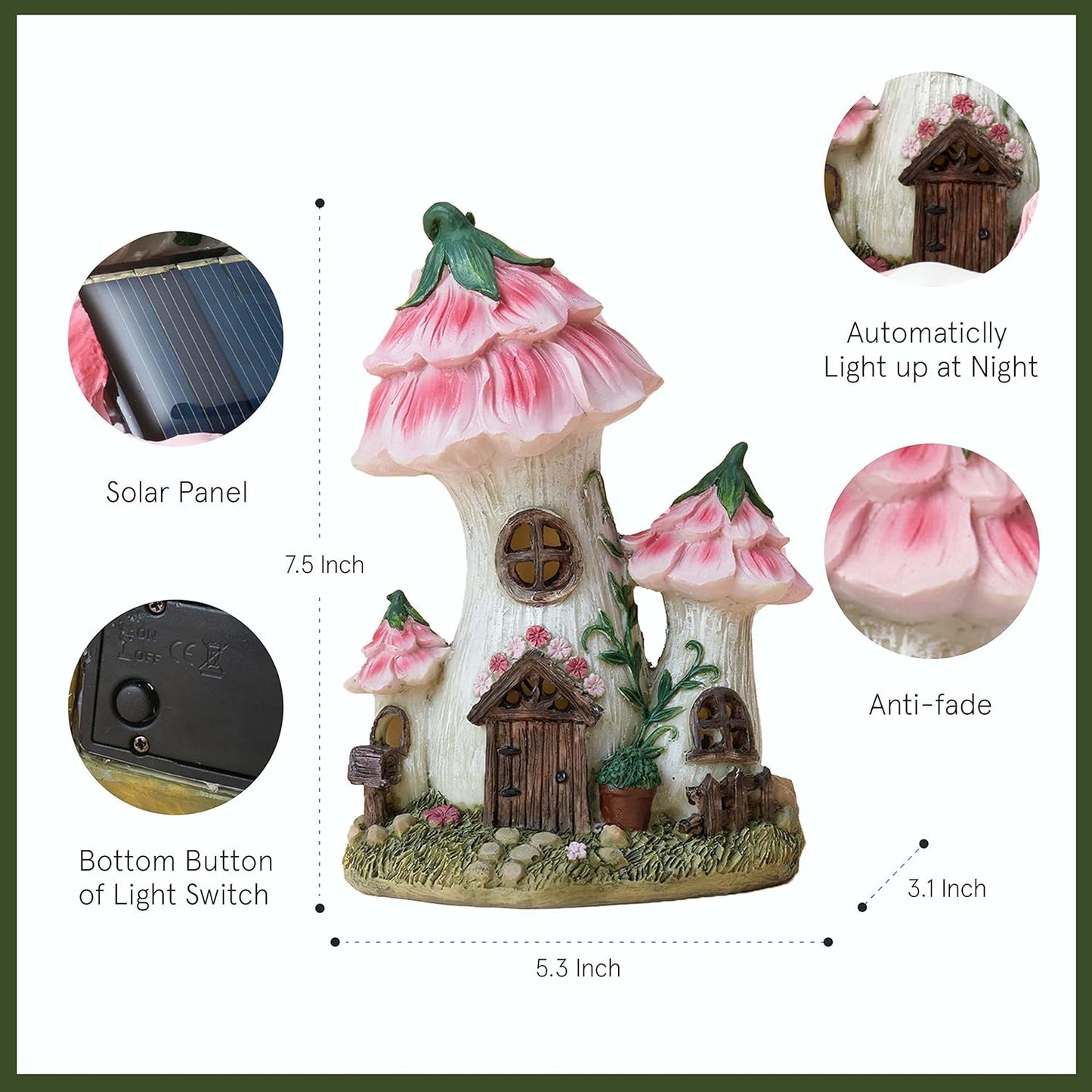 LA Jolie Muse Resin Fairy Garden - Miniature Floral Roof Cottage with Solar LED Lights, Fairy House Figurine Set of 3 with Carriage, Outdoor Decor for Patio Yard Lawn, Gifts for Mom
