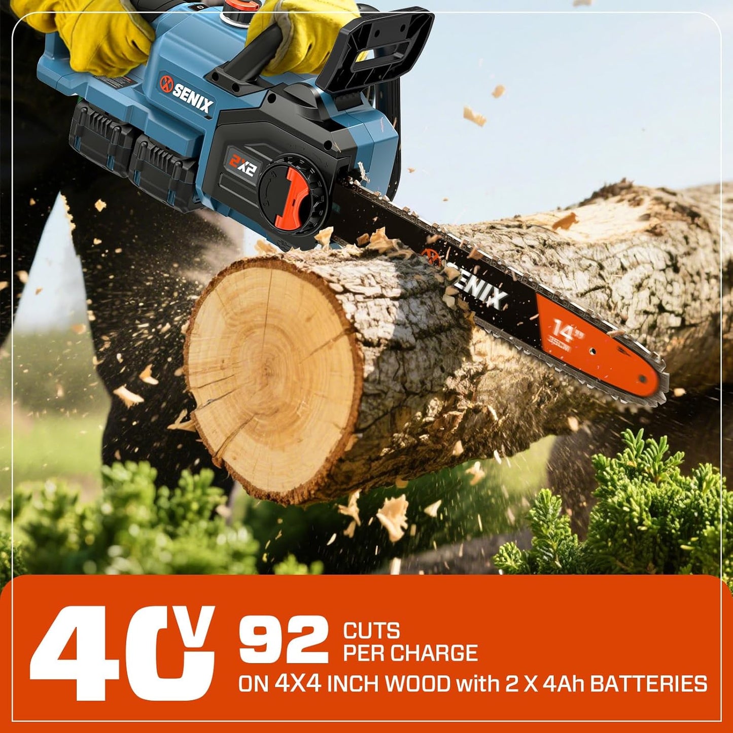 SENIX 40V 14" Electric Chainsaw, Cordless Battery Powered Chainsaw, Brushless Chain Saw, Includes 2x4Ah Batteries & Charger, Garden Tool for Trees, Pruning, Branch Cutting, Yard, Gift, CSX2-M2