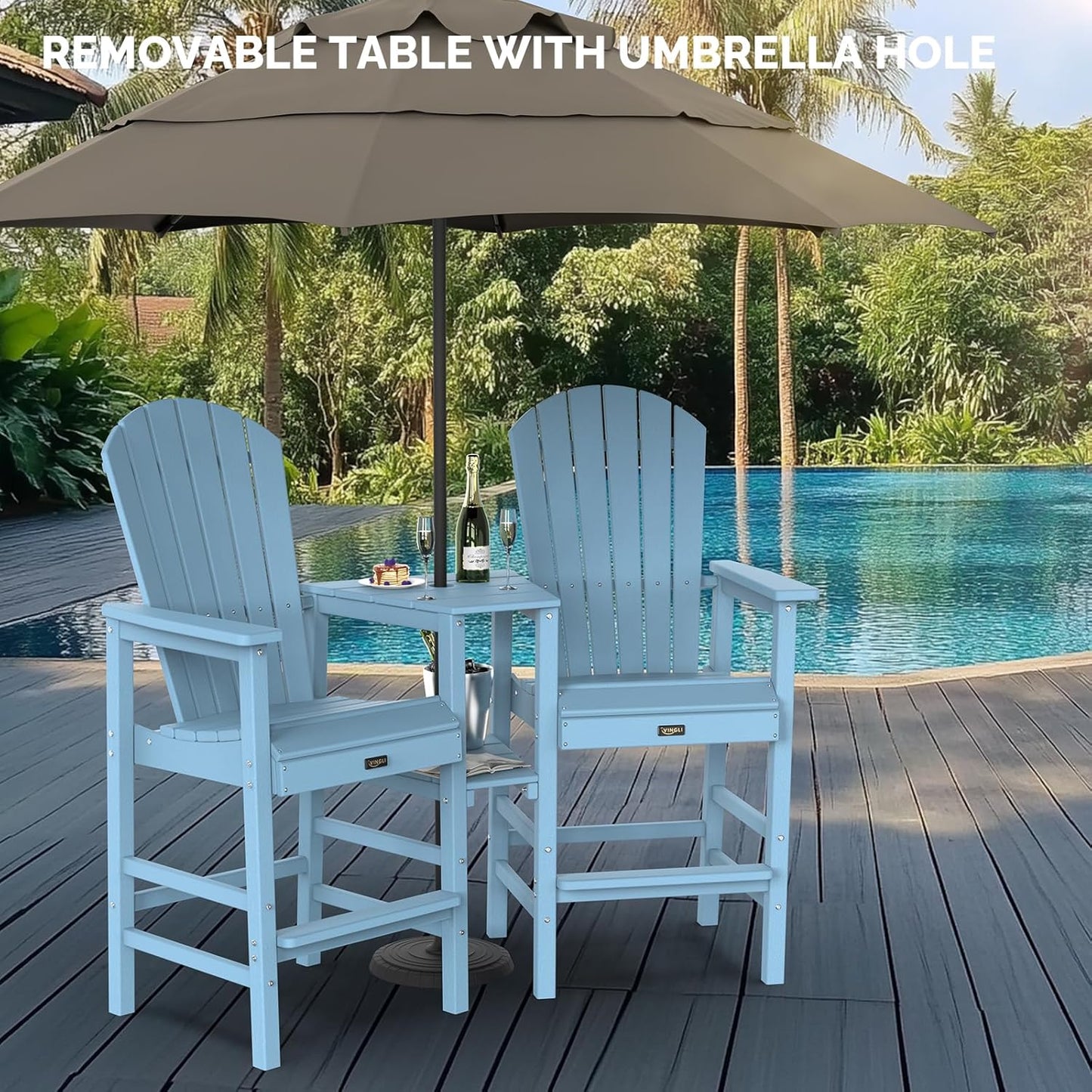 VINGLI Tall Adirondack Chairs Set of 2, HDPE Balcony Chair with Double Connecting Tray Weather Resistant Outdoor Bar Stools for Patio Deck Lawn Pool Backyard (Blue)