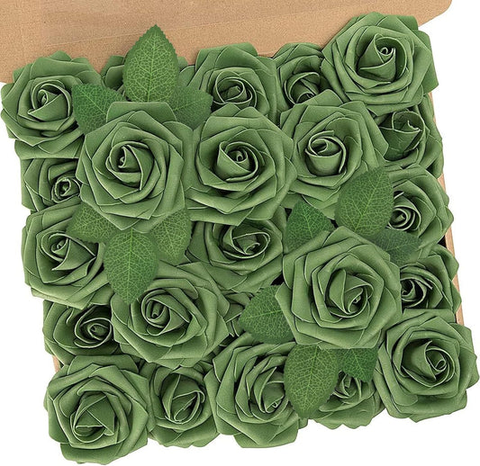 N&T NIETING Roses Artificial Flowers, 25pcs Artificial Flowers Foam Flowers with Stems for DIY Cake Decoration Wedding Party Home Decoration, Army Green