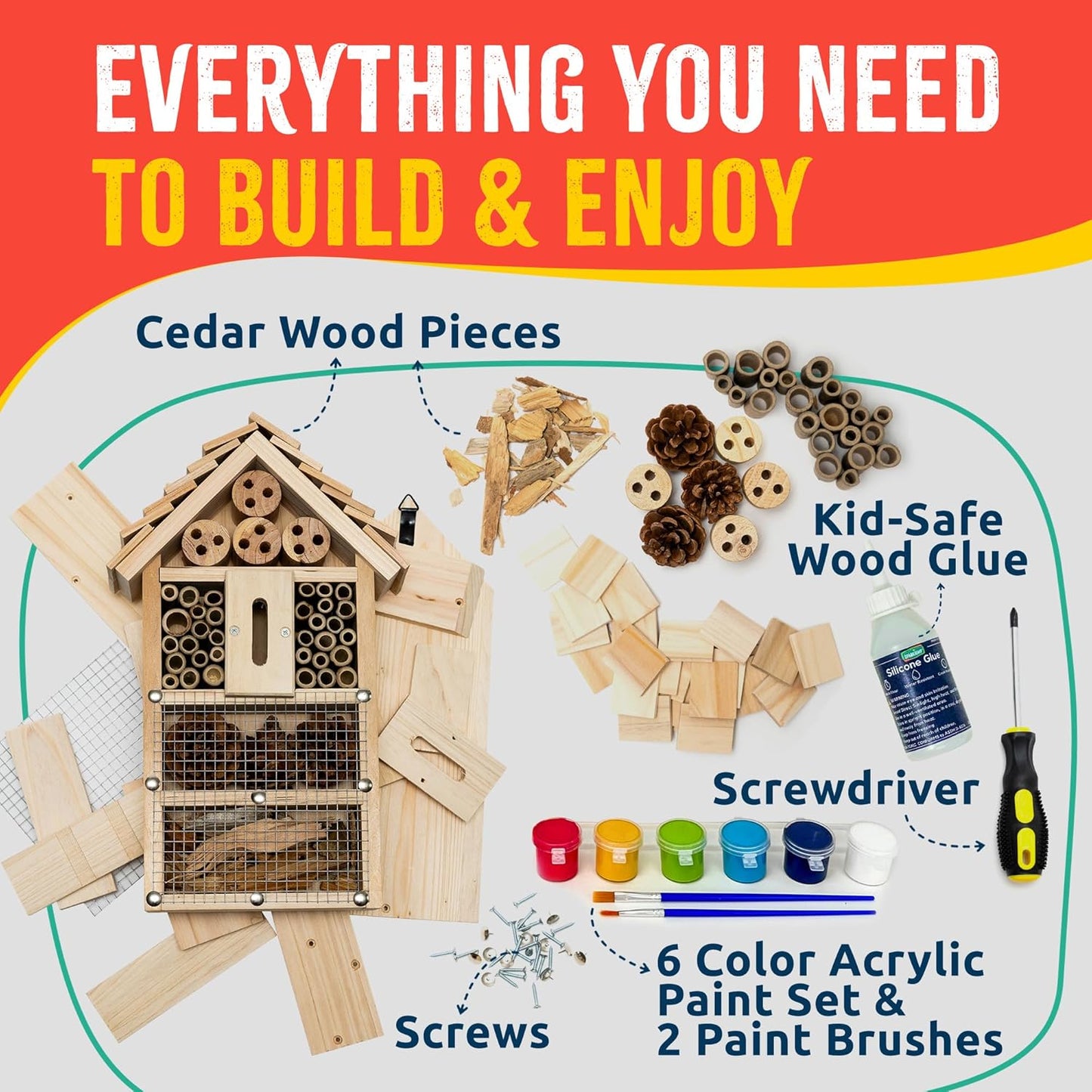 Premium Bug Hotel Kit, DIY Cedar Wood Craft for Building Bee, Ladybug, or Butterfly Houses, Educational Kit for Kids, Parents and Teachers