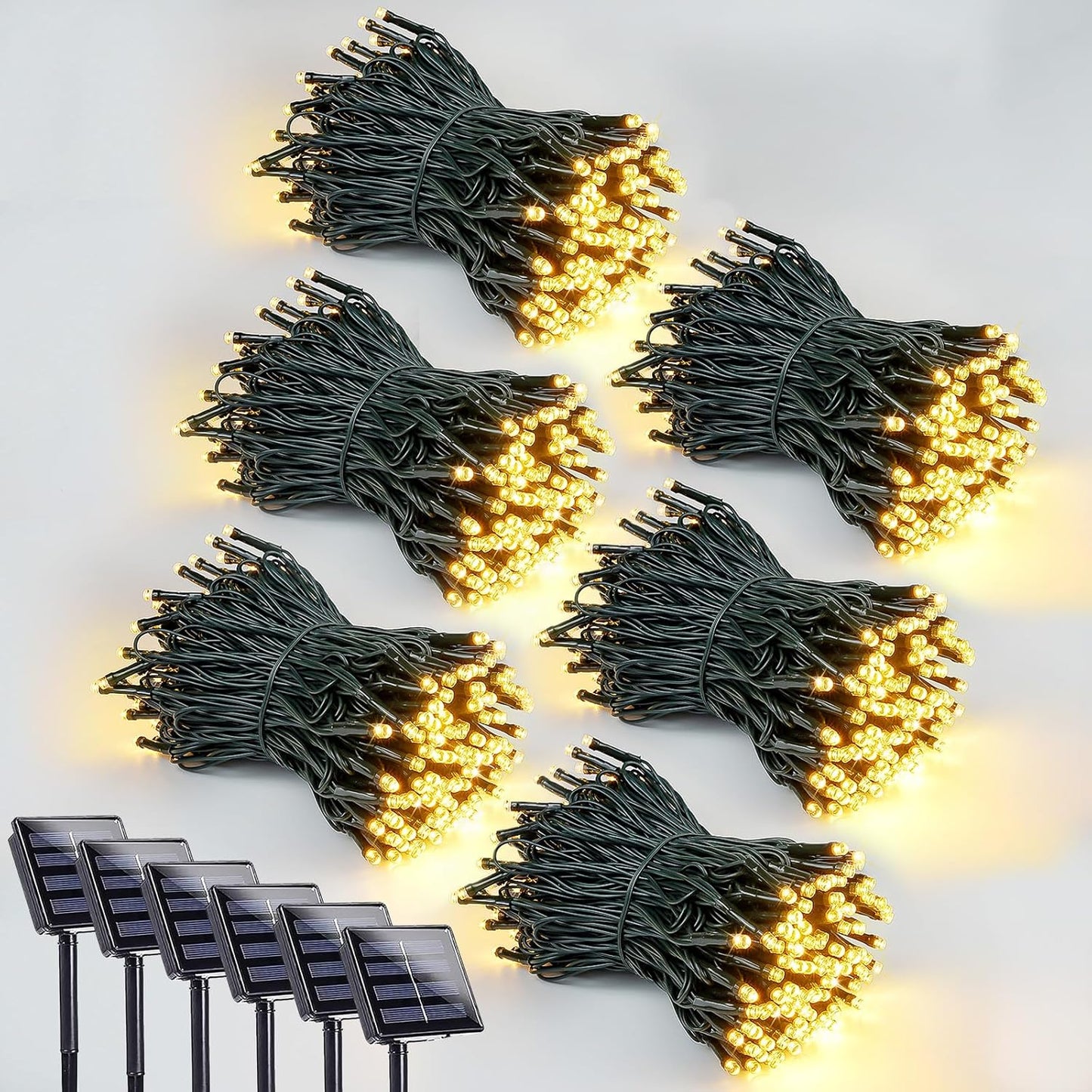 6 Pack 600 LED Solar String Lights for Outside, Solar Christmas Lights Outdoor with 8 Lighting Modes, Waterproof Green Wire Solar Powered Tree Light for Xmas Party Yard Garden Decorations (Warm White)