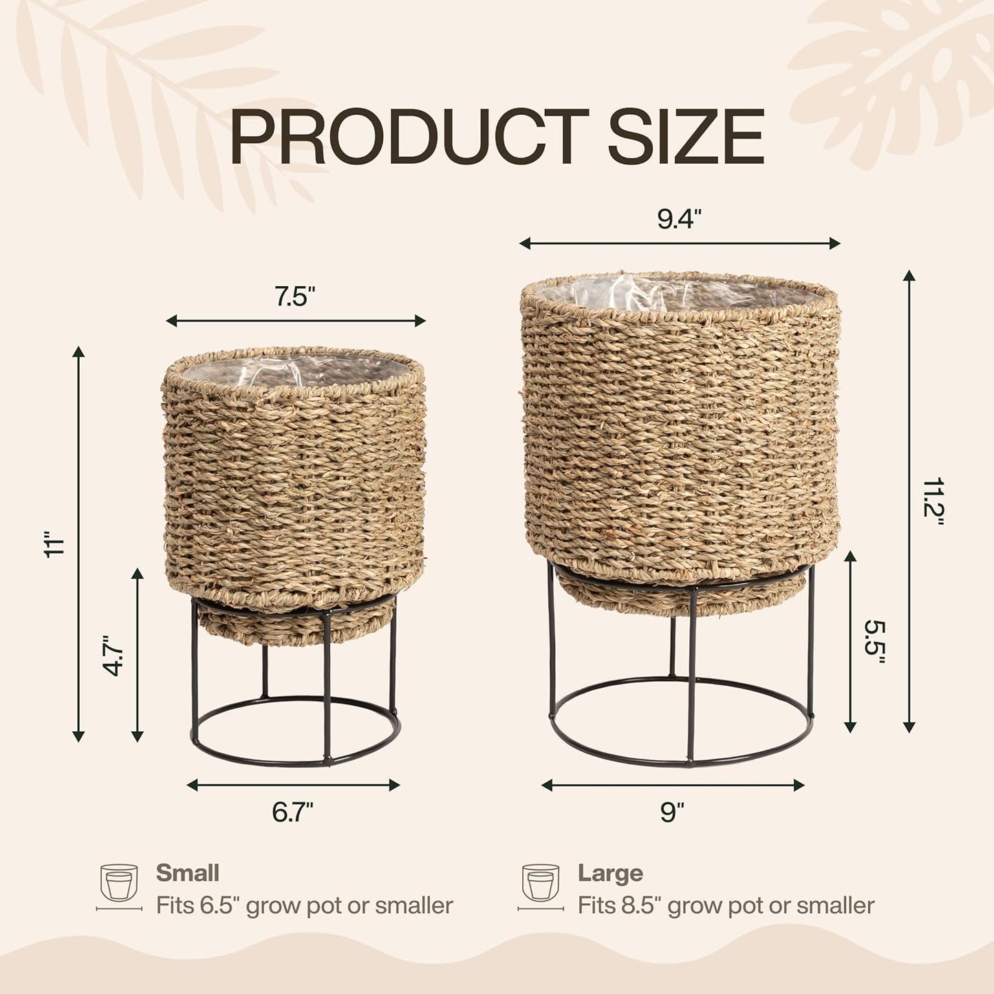 Set of 2 Water Hyacinth Planter Pot with Metal Stand - Indoor Plant, Flower, Succulent, Basket, Decorative Pot Cover (Seagrass)