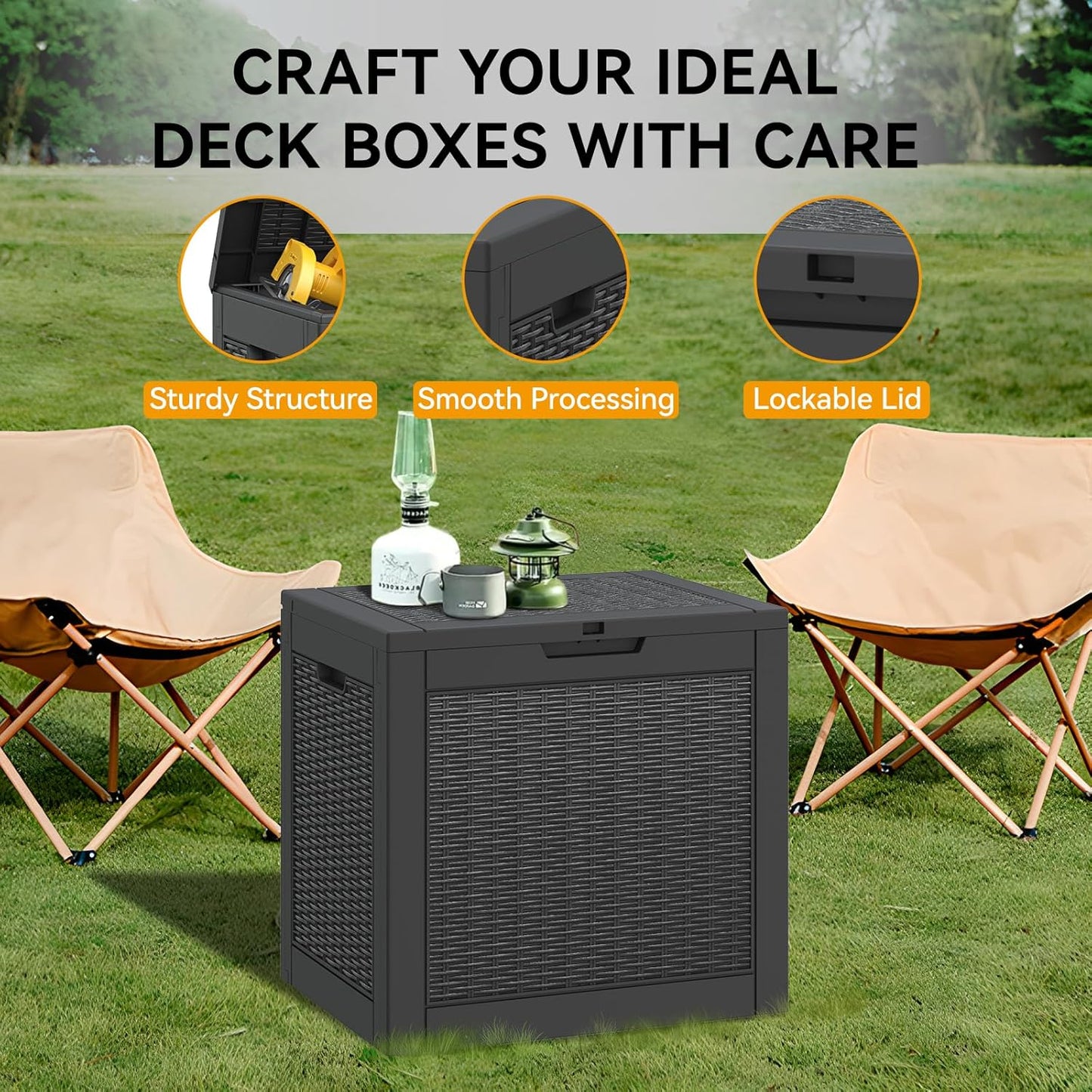 NUNU LAB 30 Gallon Waterproof Outdoor Storage Box, Lockable Resin Deck Box Bench for Patio Cushions, Garden Tools, Pool Accessories & Package Deliveries – Black