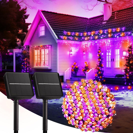 Brightown 2-Pack 400LED 170FT Total Halloween Solar Outdoor Lights IP65 Waterproof Solar Powered Lights with 8 Lighting Modes for Party Garden Yard Home Holiday Tree Decoration Lighting,Orange&Purple
