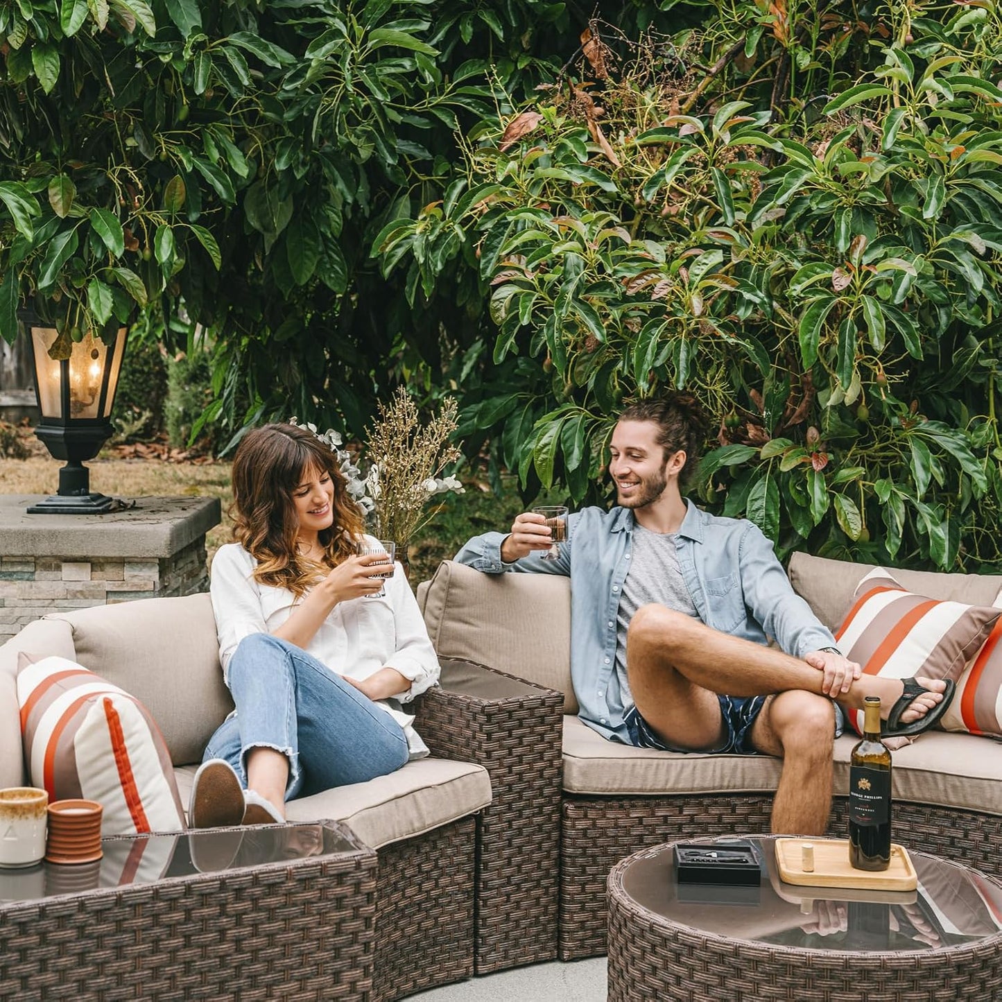 SUNSITT Outdoor Patio 8-Piece Half Moon Curved Furniture Sofa Set Brown Wicker Sectional Sofa Beige Cushions with 2 Side Table