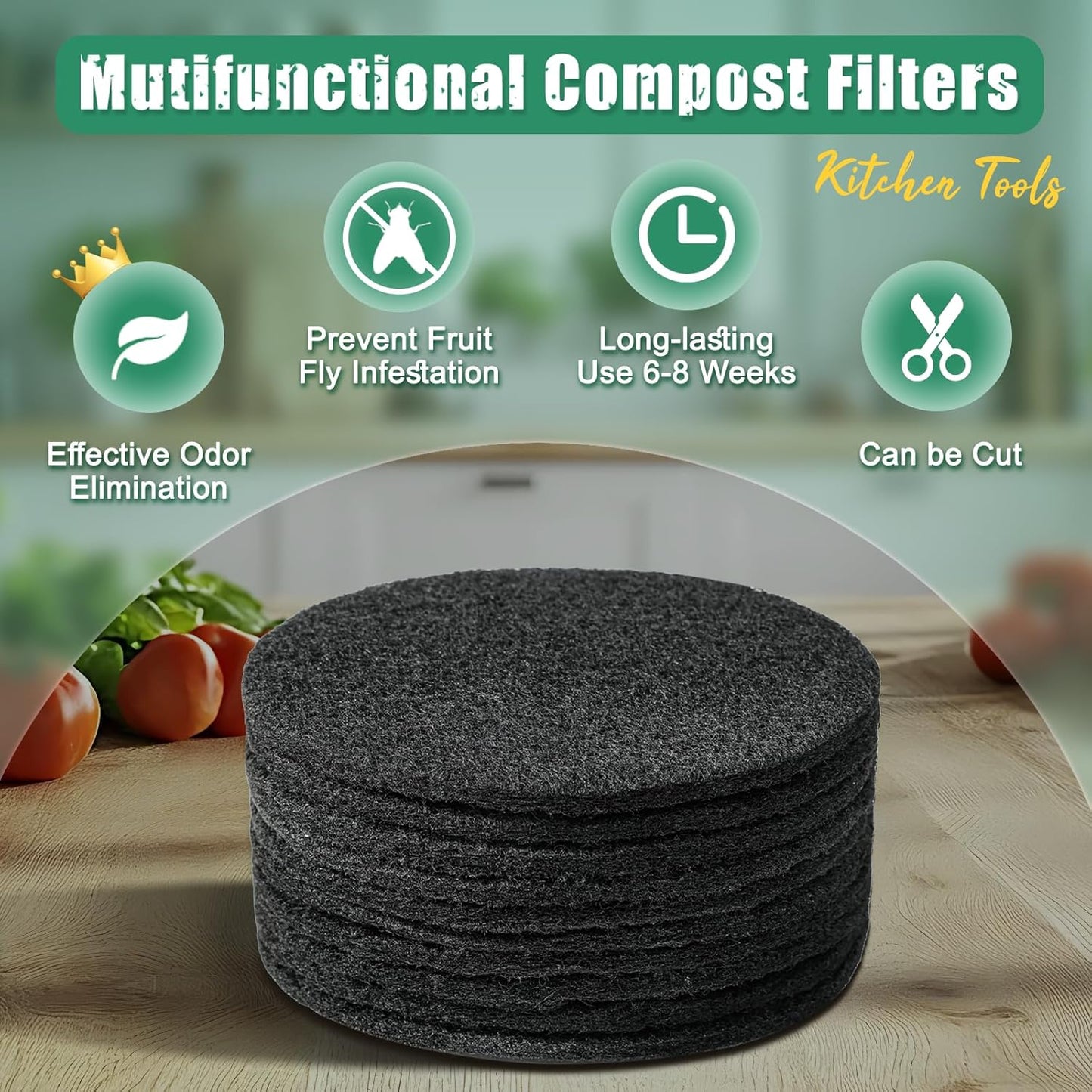 6.7 Inch Charcoal Filters for 10 Pack Kitchen Countertop Compost Bins - Extra Thick 0.3" for Longer Lasting Activated Carbon