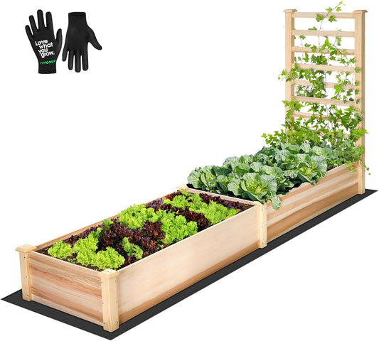 VIVOSUN Wooden Raised Garden Bed, 48 x 24 x 30 Inches, Outdoor Wood Planter Box with Gloves and a Liner, with Trellis for Vine Climbing for Garden, Patio, Balcony, Backyard and Outdoors