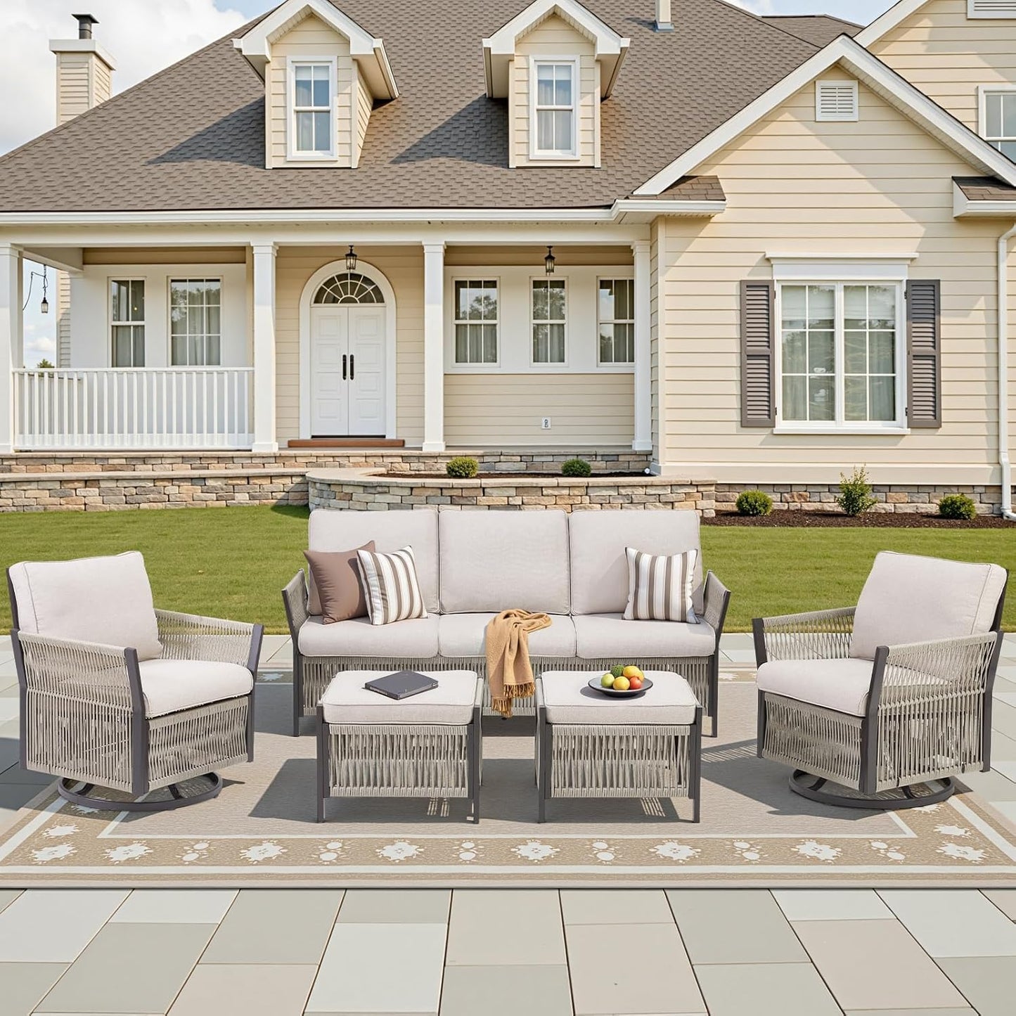 Patio Furniture Wicker Outdoor Conversation Set, 5-Piece All Weather Patio Furniture Rattan Rocking Sets w/Removable Cushions & Ottomans for Backyard, Balcony, Deck, Beige