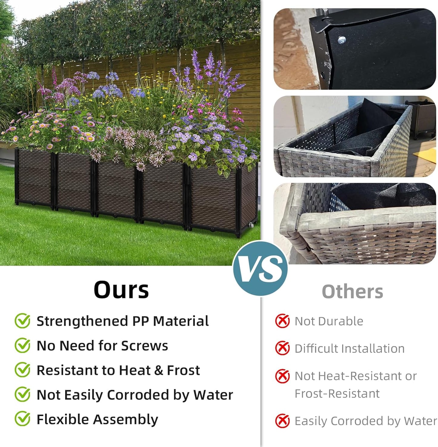 Large Raised Planter Box Outdoor Self Watering 62.9"x15.7"x19.7" , Deep Raised Garden Bed - Elevated Garden Box with Drainage Plug, Rectangular Garden Planter Perfect for Patio Balcony Deck