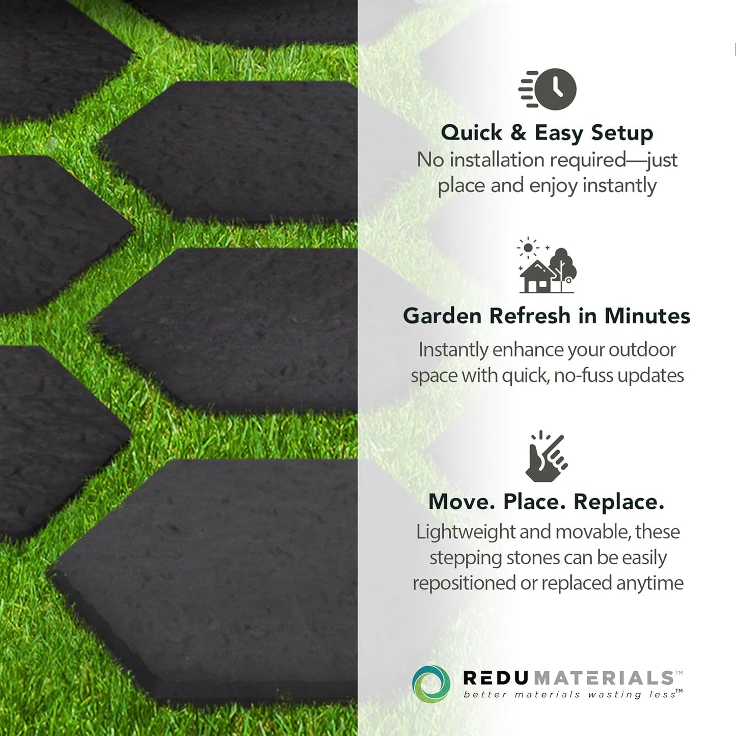 Garden Central 10-Pack 15”x13” Stomp Rubber Stepping Stones, Hexagon, Black – Reversible Non-Slip Outdoor Faux Decorative Set for Landscaping – DIY Decor for Walkways & Yard Pathways