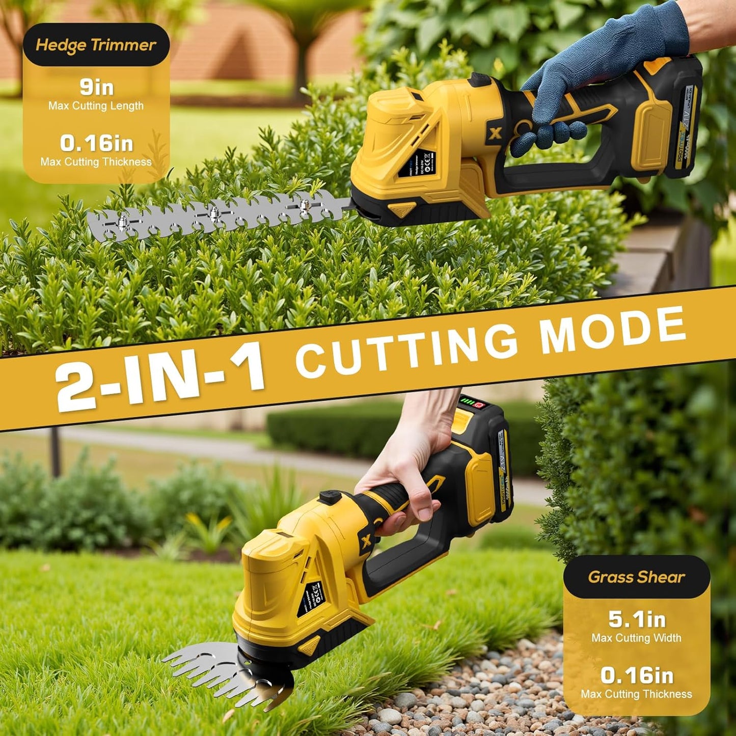 Cordless Hedge Trimmer, 21V Electric Hedge Trimmer, 2 in 1 Handheld Grass Shear & Shrubbery Trimmer with 2 * 2.0Ah Batteries & Charger for Garden, Lawn