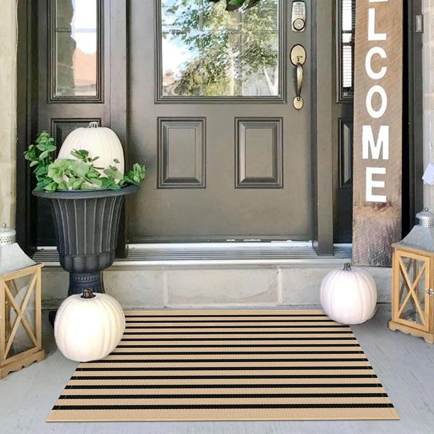 IOHOUZE Striped Area Rug 2'x3' Front Door Rugs Small Washable Area Rug for Front Porch, Spring Summer Welcome Door Mats Outdoor Indoor, Doormat for Entryway Porch Entrance, Tan/Black