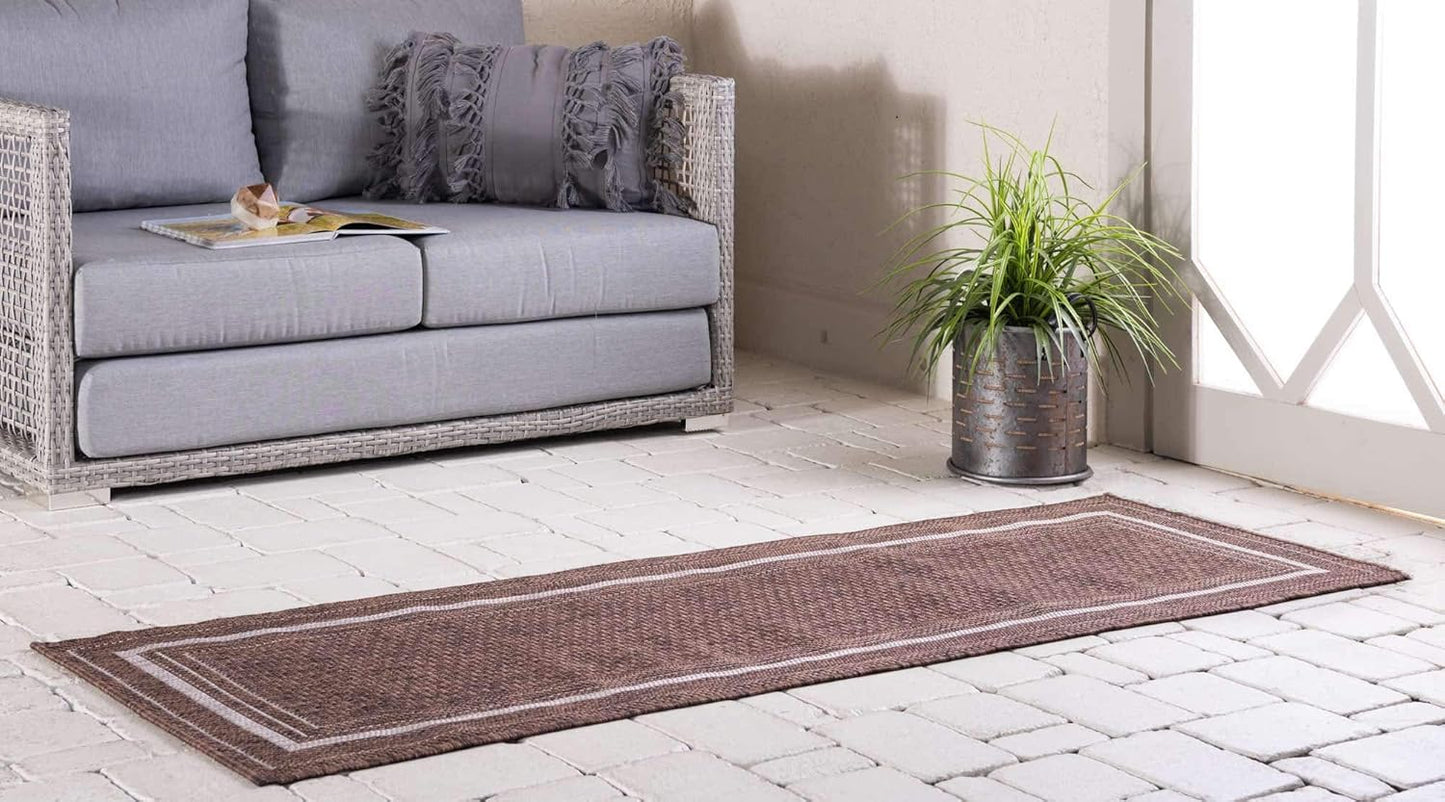 Unique Loom Outdoor Border Collection Area Rug - Soft Border (2'x 6' 1" Runner, Brown/ Ivory)