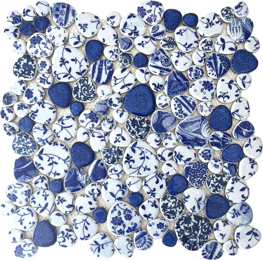 Blujellyfish Blue & White Pebble Tile Porcelain Mosaic Tiles for Art Deco (Pack of 5)
