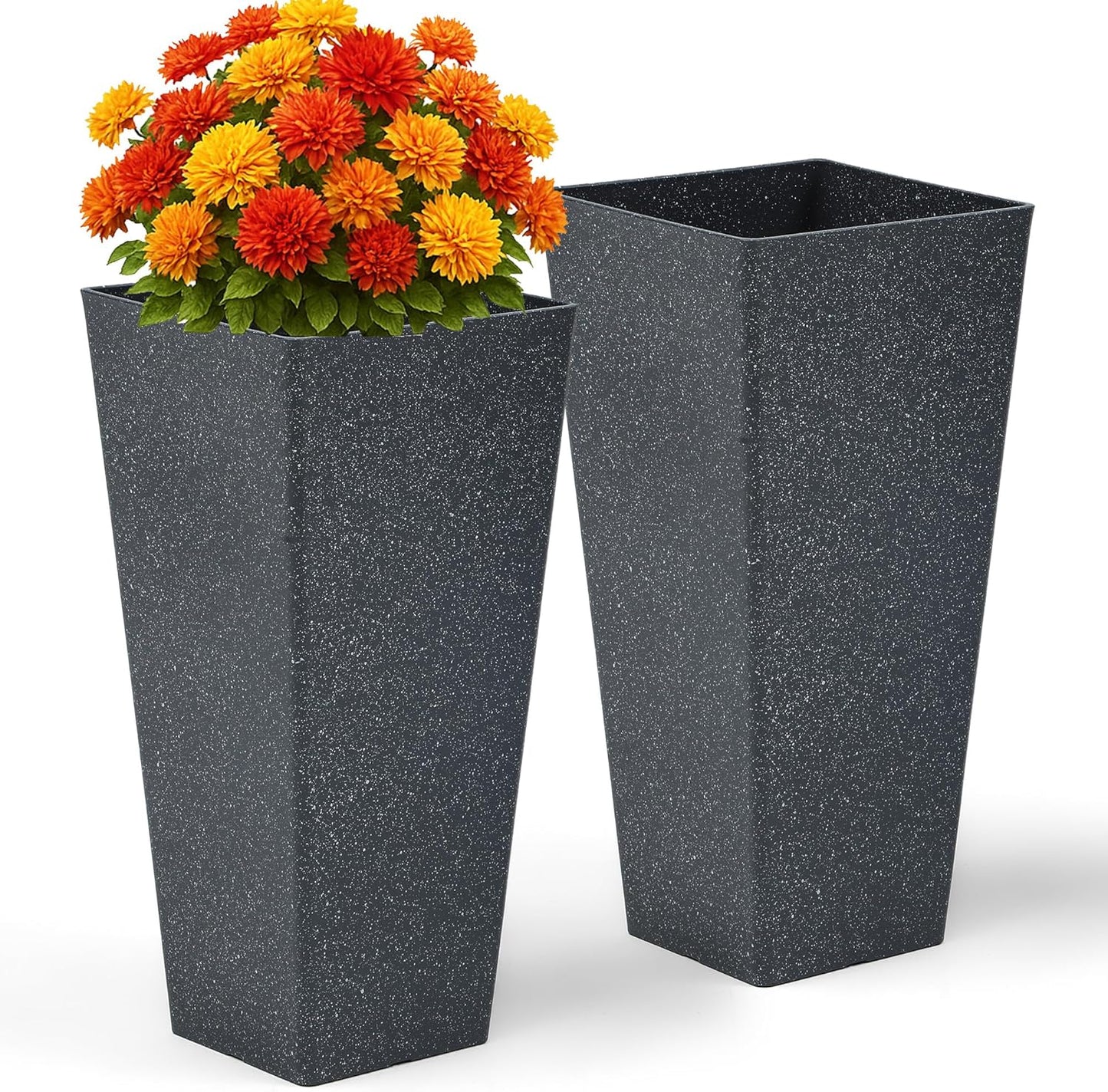 28" Large Tall Square Planters for Outdoor Plants, Set of 2 V-Shaped Planter Box with Black Terrazzo Look, Durable and Weather-Resistant, Ideal or Garden, Patio, Porch or Home use.