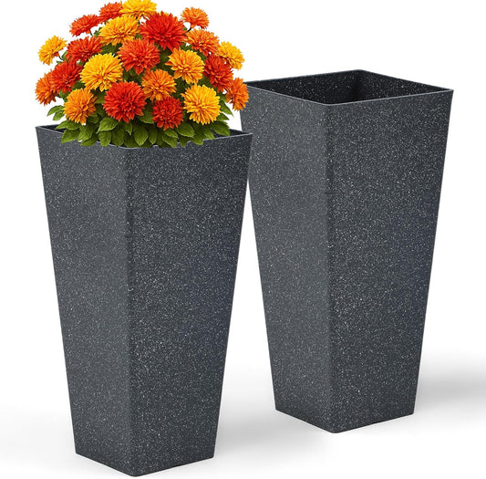 28" Large Tall Square Planters for Outdoor Plants, Set of 2 V-Shaped Planter Box with Black Terrazzo Look, Durable and Weather-Resistant, Ideal or Garden, Patio, Porch or Home use.