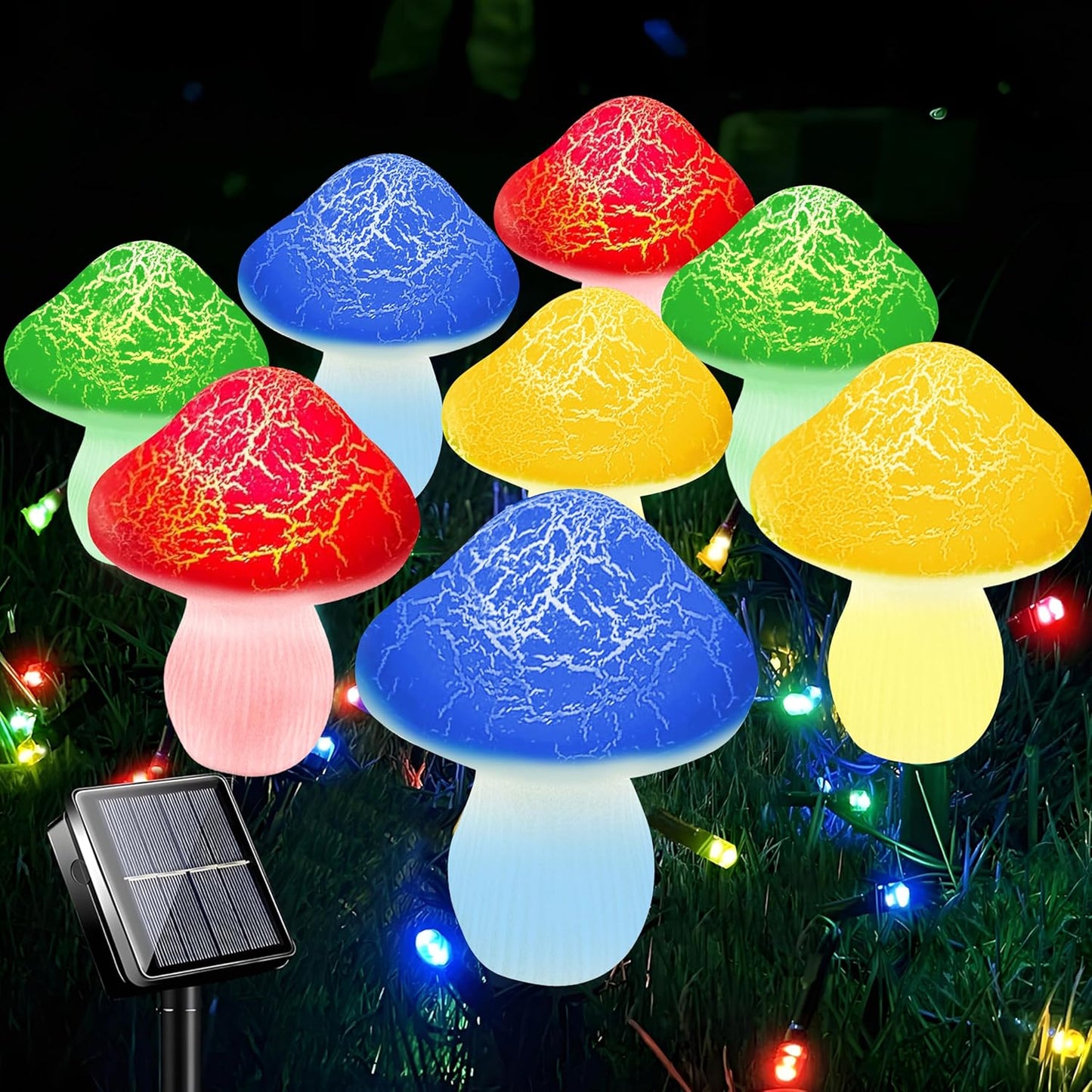Mushroom Solar Lights Outdoor Decor - 8 Pack 50 LED Crackle Mushroom Lights, 23ft Solar Powered Fairy String Light with 8 Modes, Waterproof for Outside Garden Yard Patio Pathway, Colorful