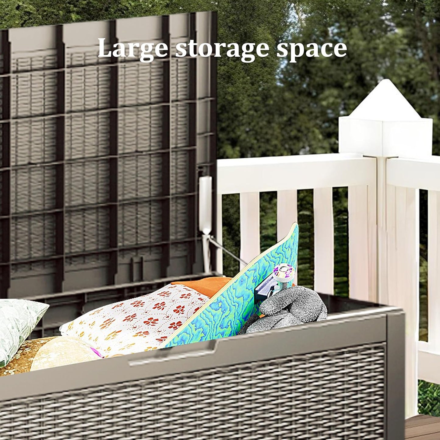 Multi-Functional 100 Gallon Patio Storage Bench - Waterproof Outdoor Deck Box & Storage Cabinet, Lockable Resin Chest for Pool/Garden Accessories, UV-Resistant, Weathered Grey