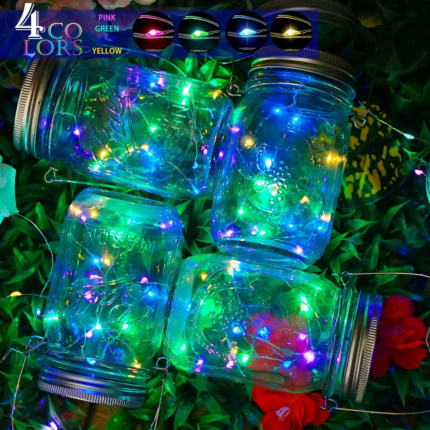 SunKite Solar Mason Jar Lights [Updated], 8 Pack 20 LED Waterproof Fairy Firefly Jar Lids String Lights with Hangers(NO Jars), Patio Yard Garden Wedding Decoration - Colorful