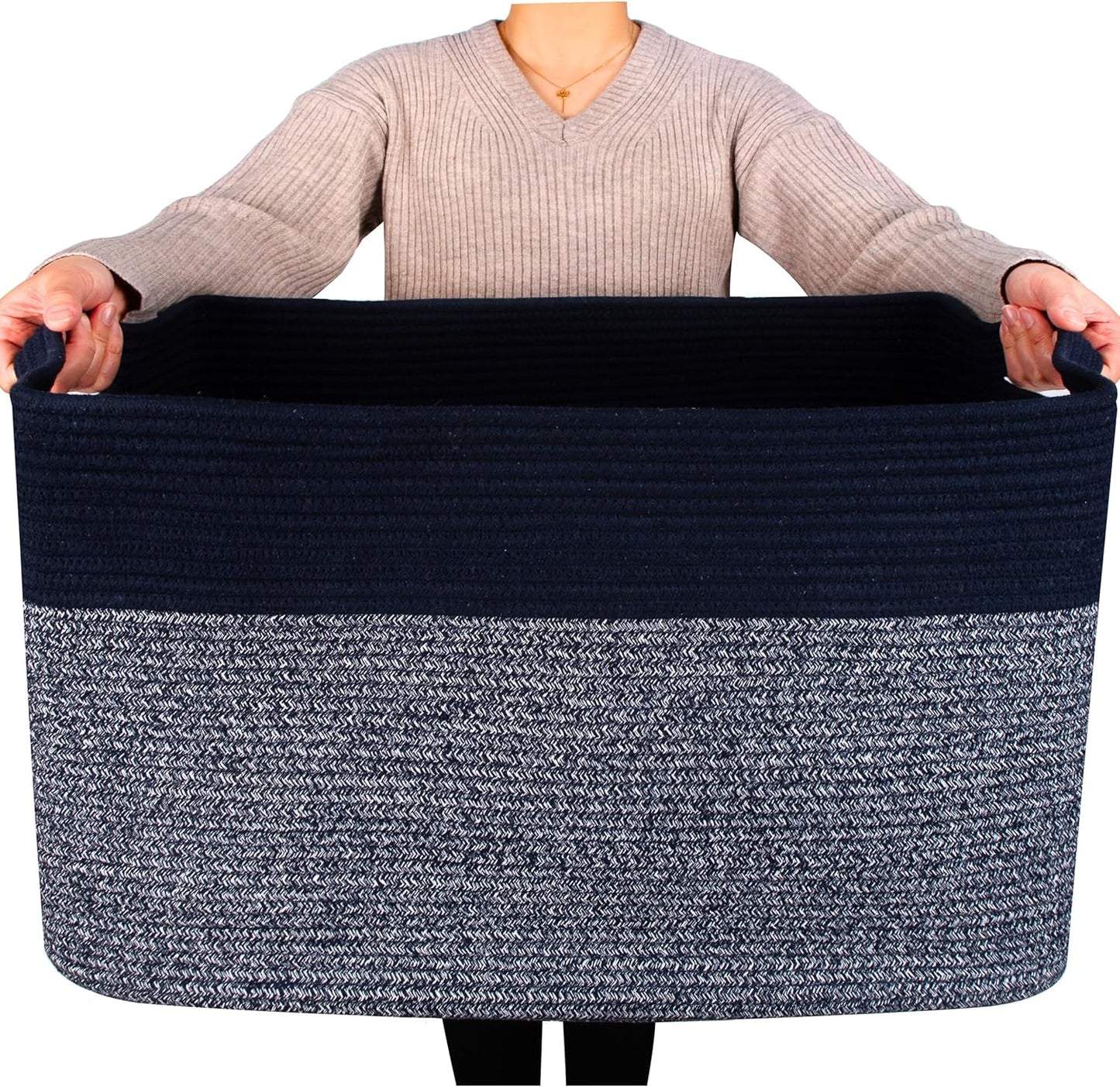 MINTWOOD Design 22in Extra Large Blanket Basket Holder for Living Room, Rectangle Rope Woven Storage Bin with Handles for Laundry, Pool Towels, and Shoes, Dog Toy Box Organizer, Navy Blue