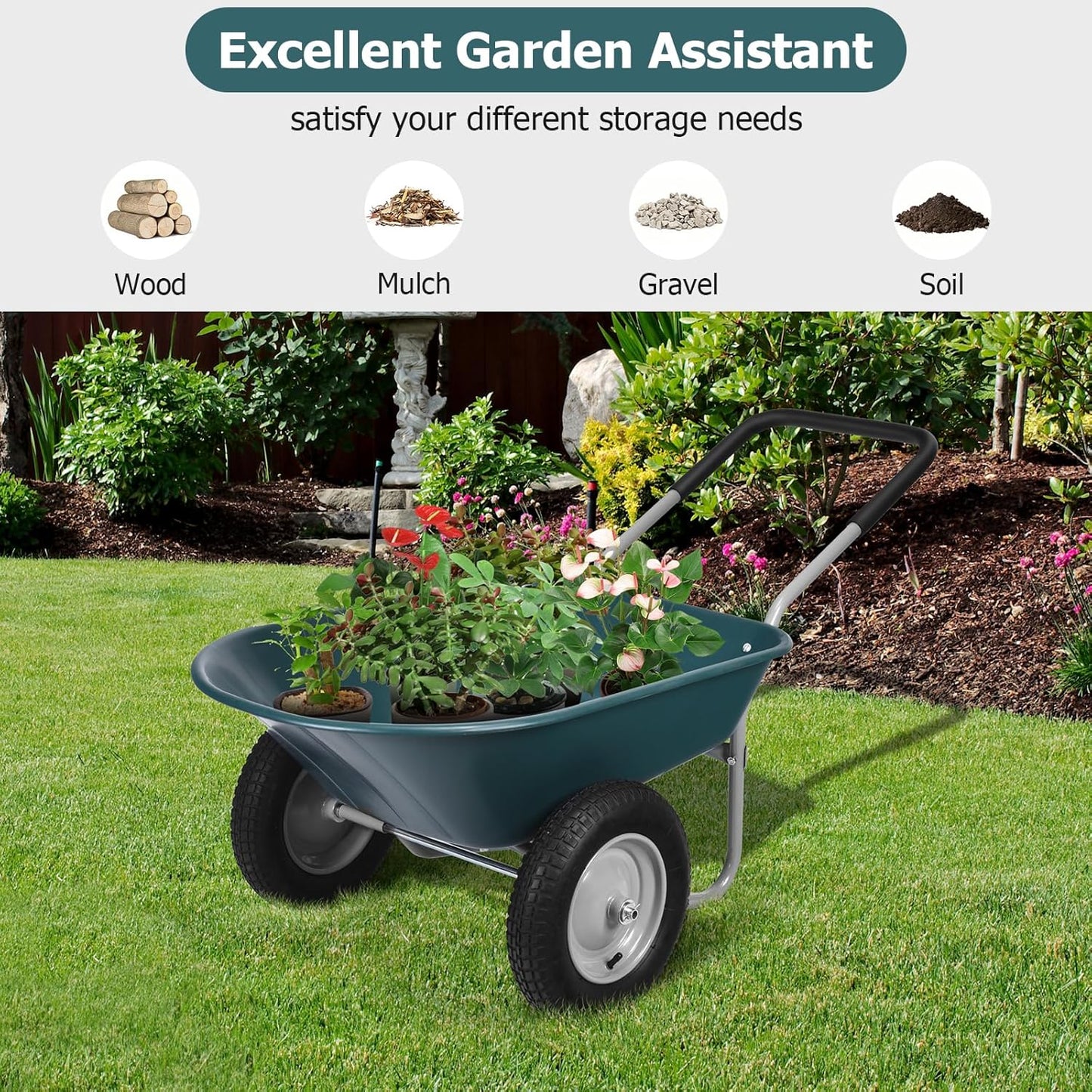 ERGOMASTER Dual-Wheel Wheelbarrow, Home Utility Garden Cart, 330 LBS Capacity, Large Heavy Duty Yard Cart for Gardening & Planting, Lawn, Farm, Construction Site, Green