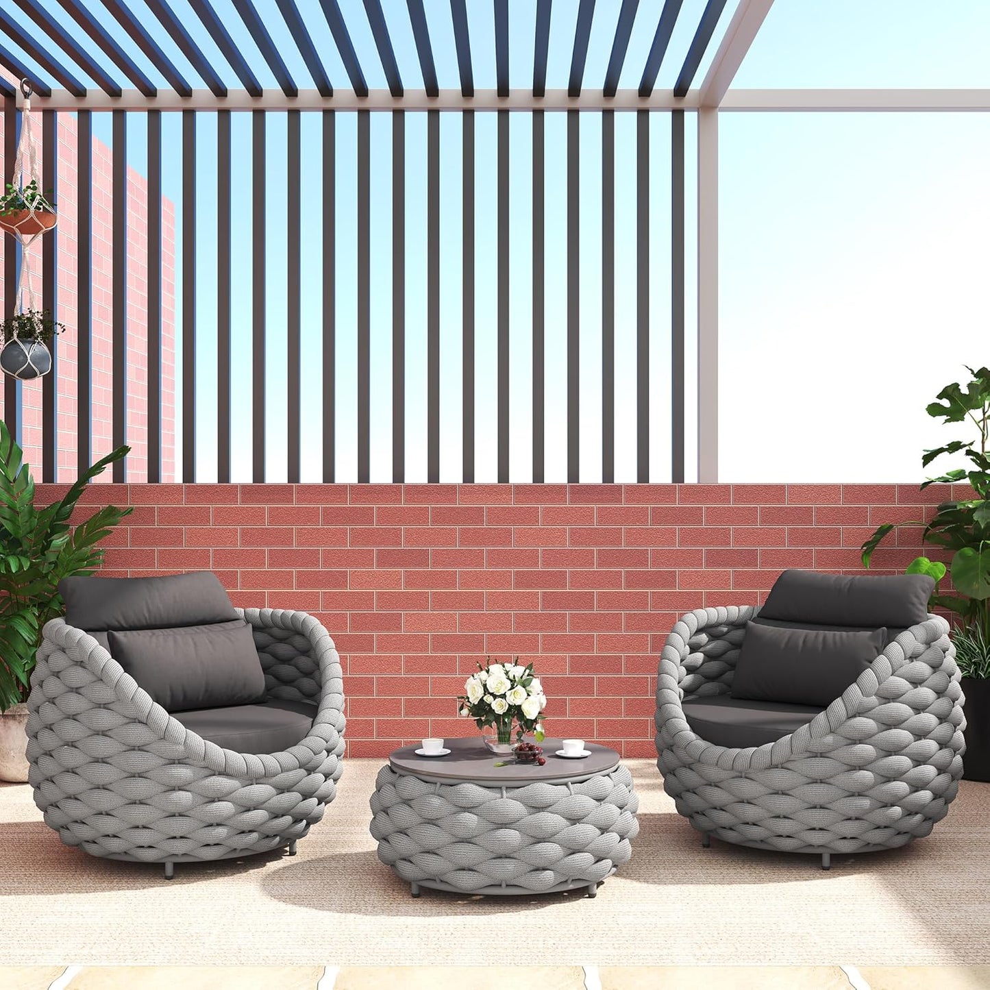 TWT 3 Pieces Aluminum Patio Furniture Set, Hand Woven Polyester Rope Modern Outdoor Furniture w/Washable Cushion and Rock Slab Tabletop, Conversation Sofa Set for Livingroom Poolside Balcony (Grey)