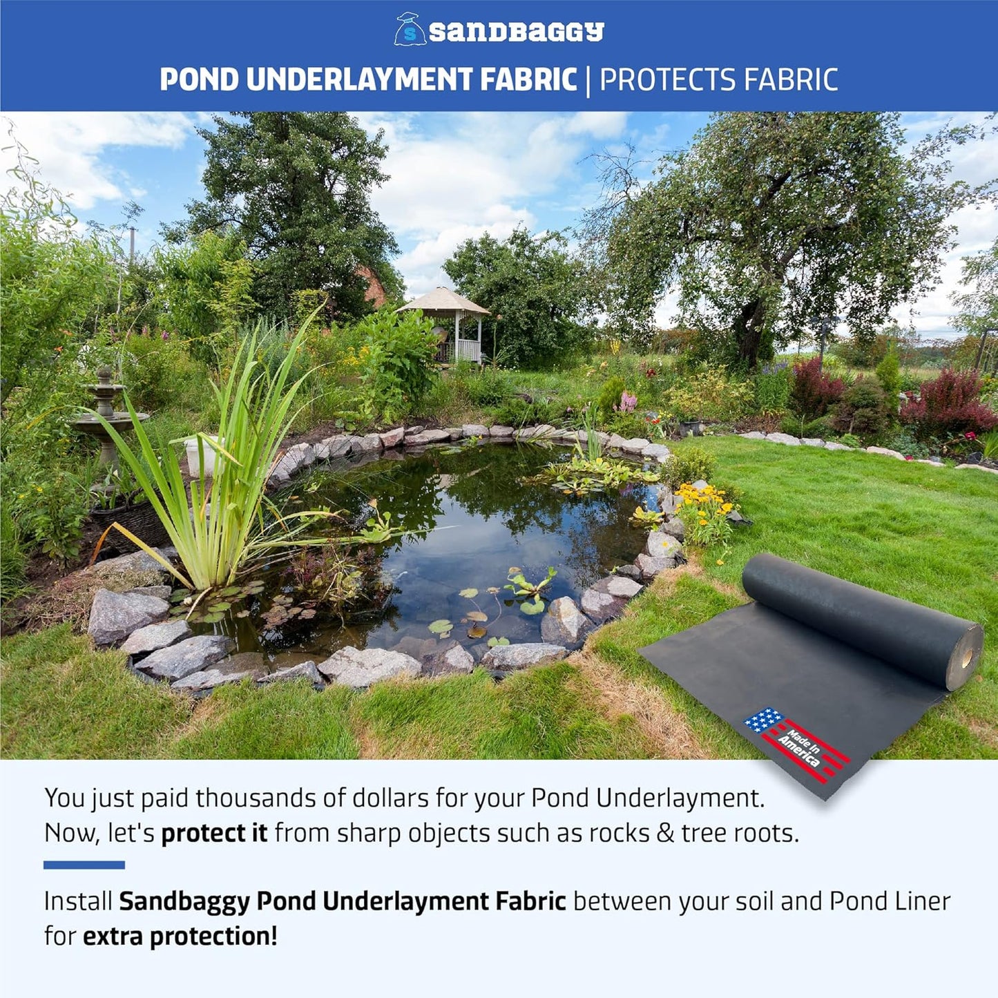 Sandbaggy Geotextile Pond Underlayment Padding | Made in USA | 50 YEAR Life* | Non Woven Fabric Protects Pond Liner From Damage | Made of Industrial Grade DOT Approved Fabric (15 ft x 50 ft or 750 sq ft)